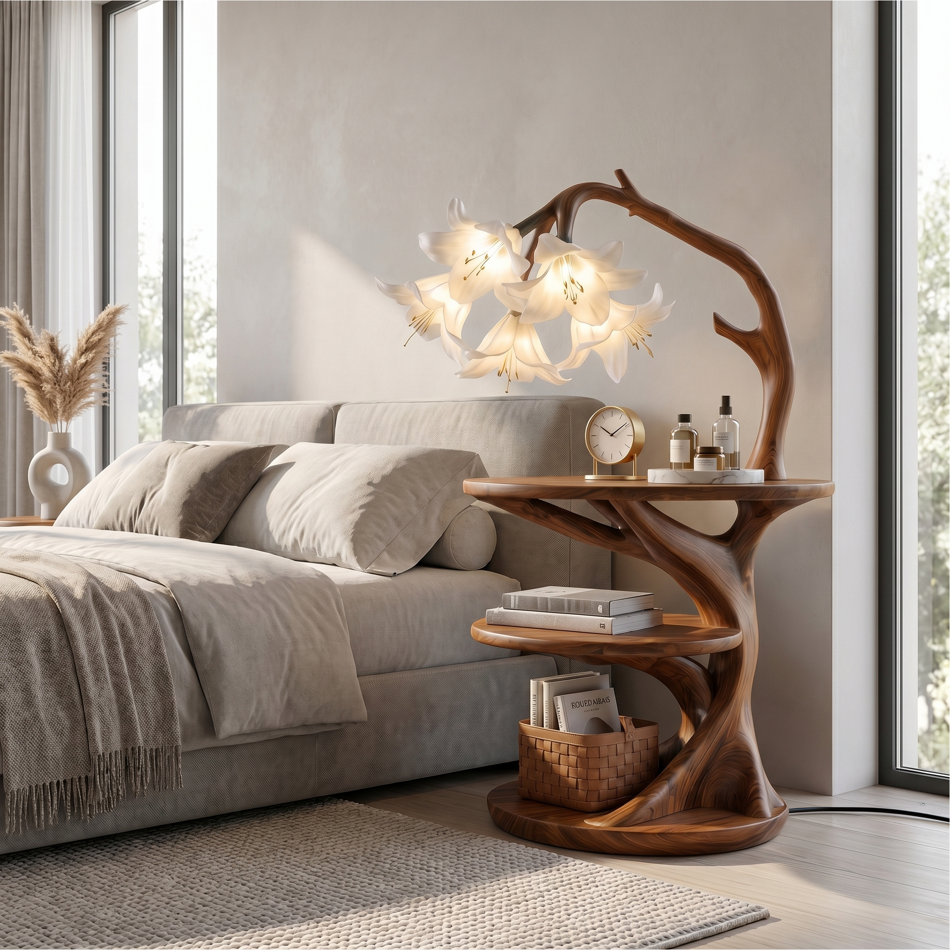 Rustic Side Table With Flower Shade Lamp For Bedroom And Living Room SINLSABT272