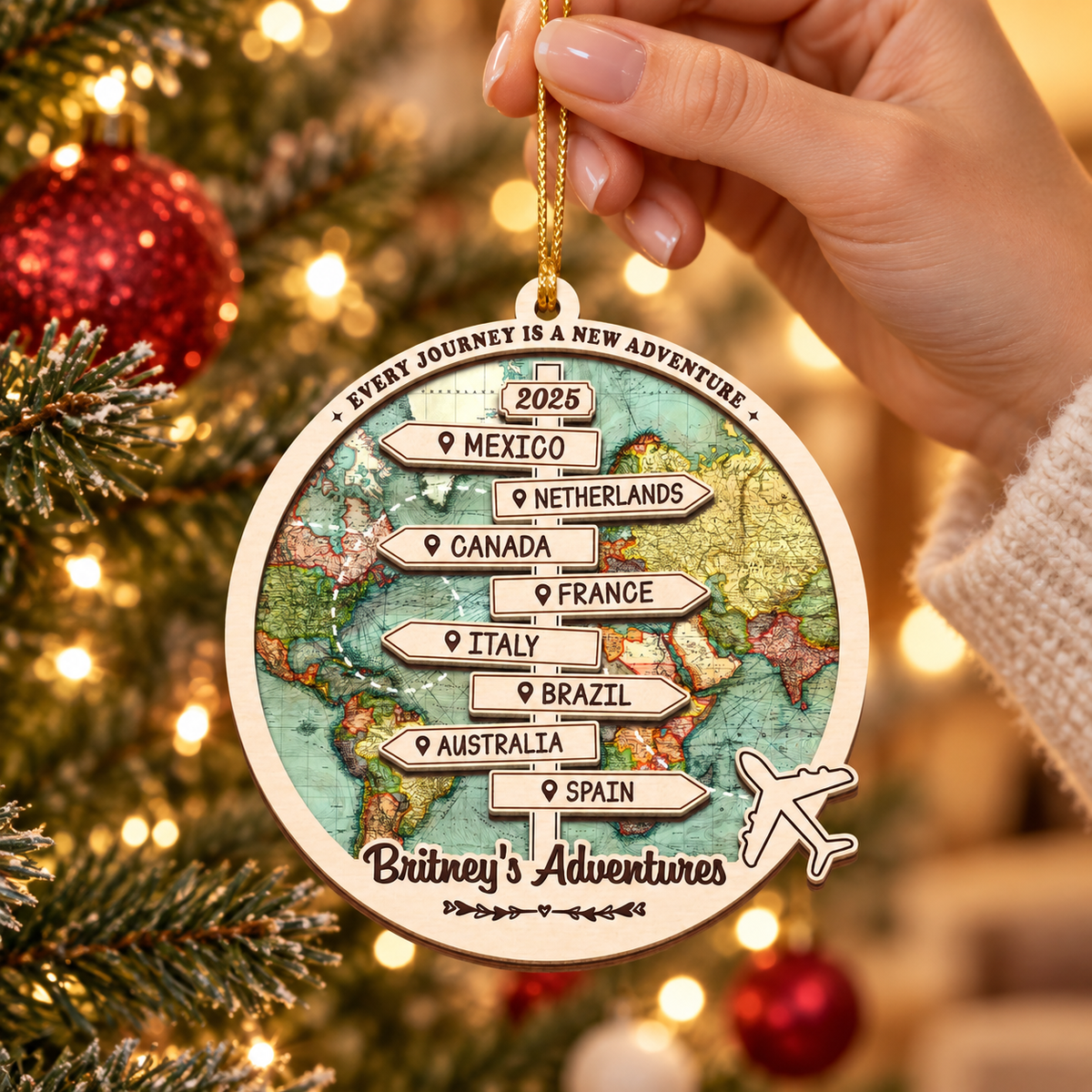 Personalized 2026 Travel Ornament Custom 2-Layer Wooden Destination Keepsake