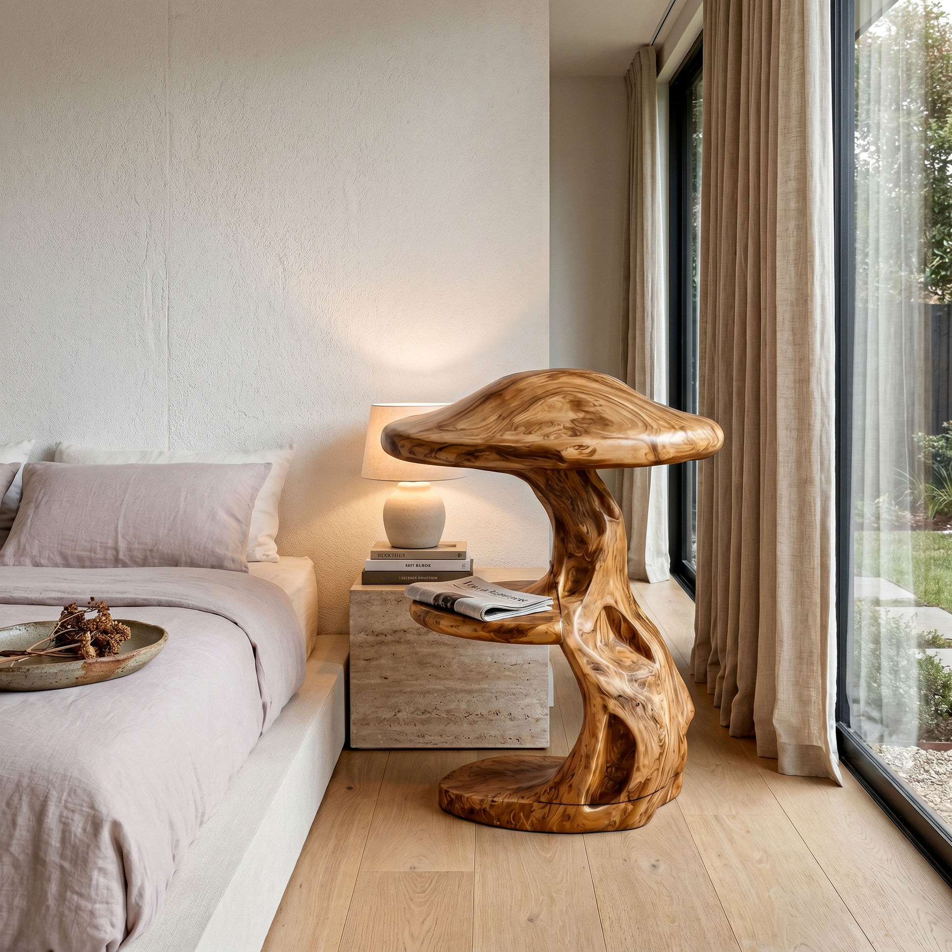 Rustic Mushroom Nightstand With Sculptural Tree Root Base And Built In Drawer For Bedroom SINLHABT260