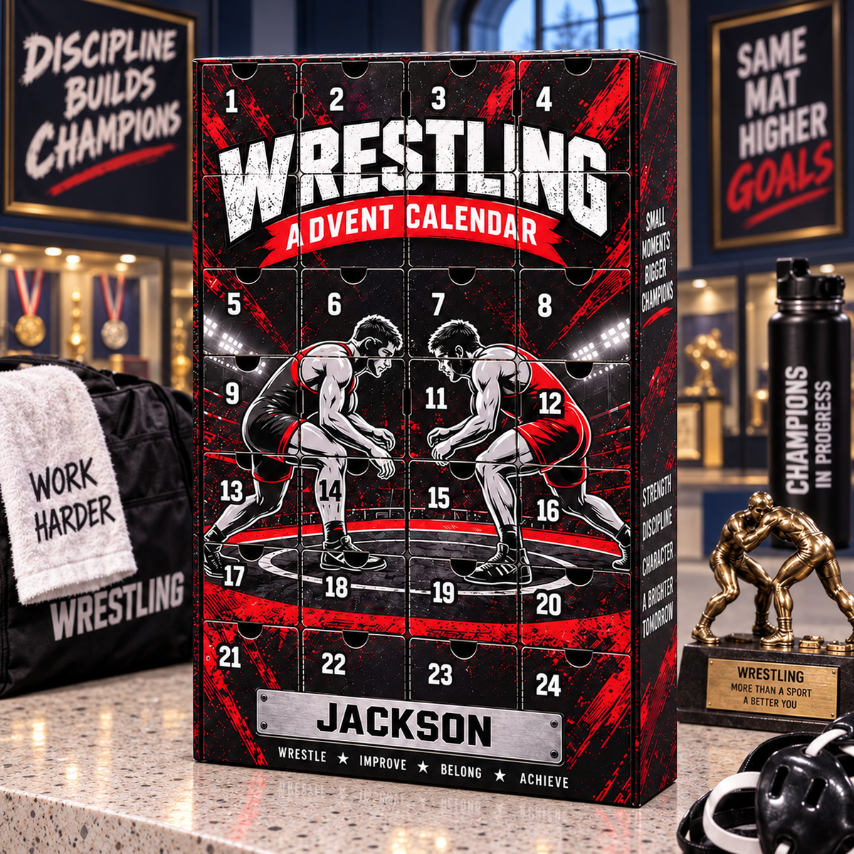 2026 Wrestling Advent Calendar with Custom Name, 24-Day Christmas Countdown Box with Wrestling Ornaments, Holiday Gift for Wrestlers, Coaches and Fans