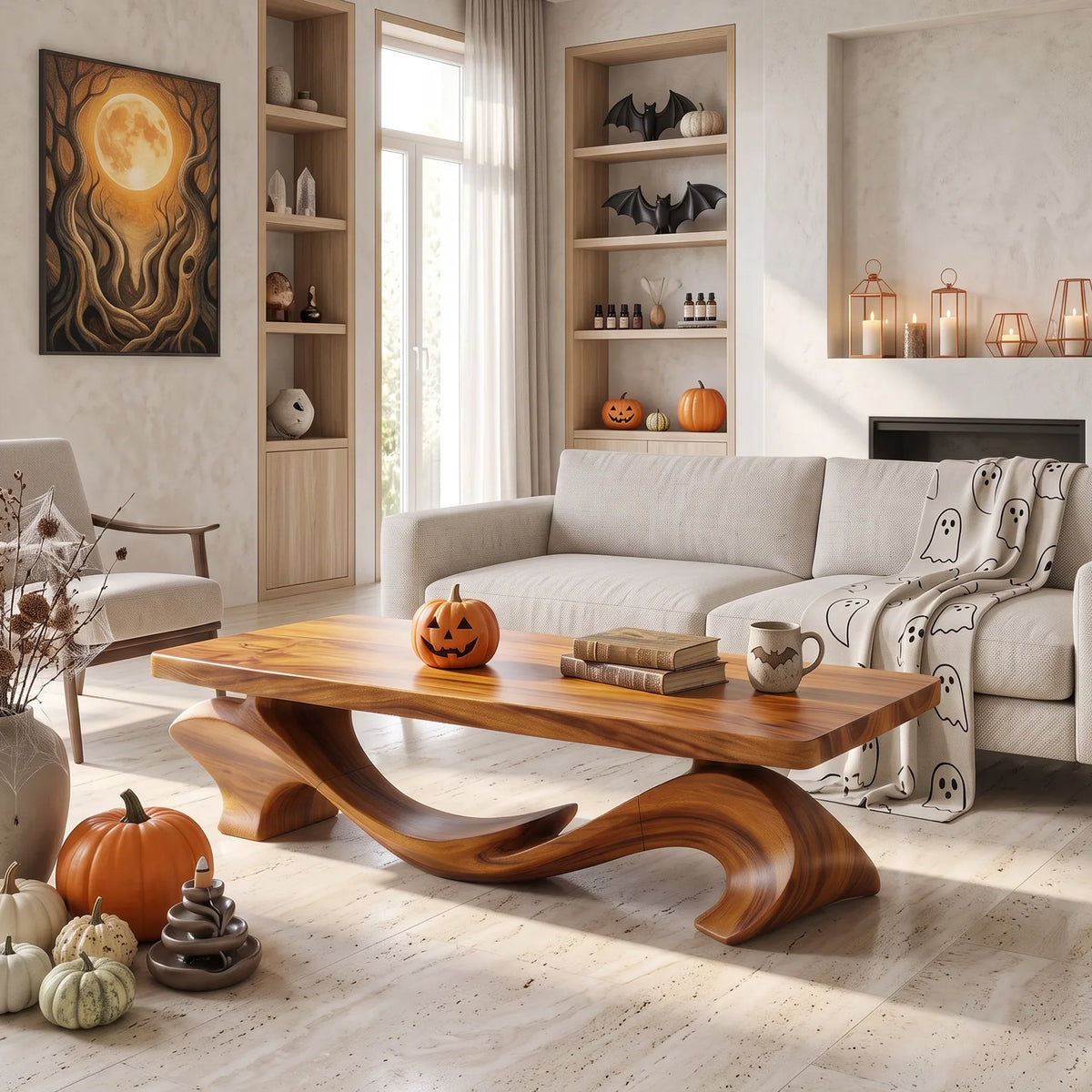 Organic Halloween Flowing Table For Cozy Cabin Interior
