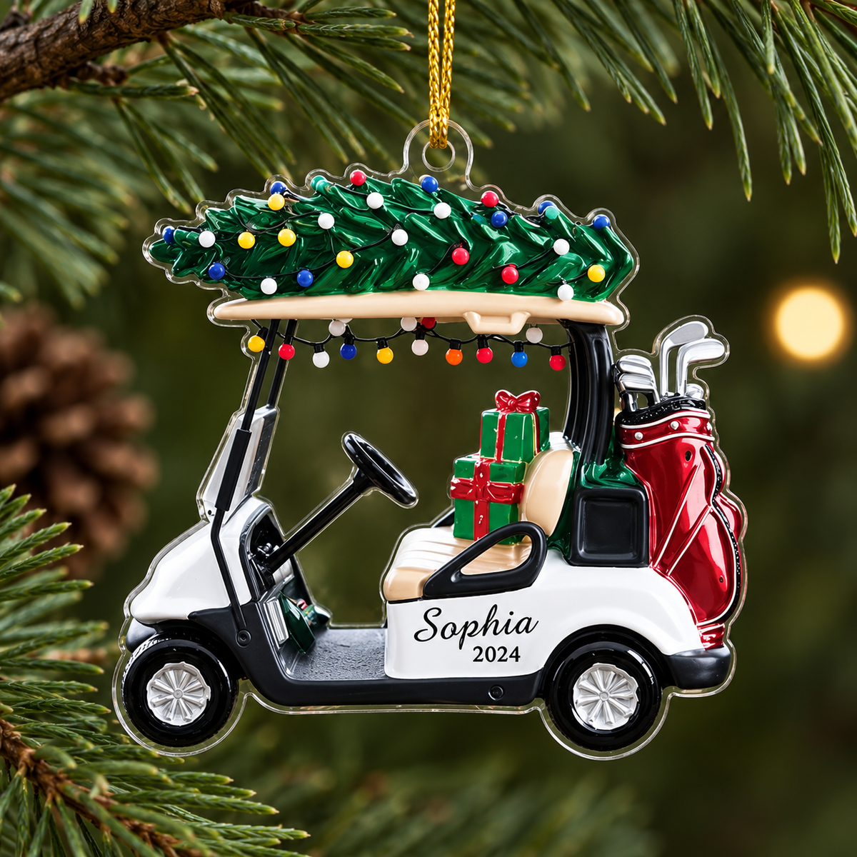 Personalized Golf Cart Christmas Ornament, Custom Name and Year Acrylic Tree Decoration with Gifts