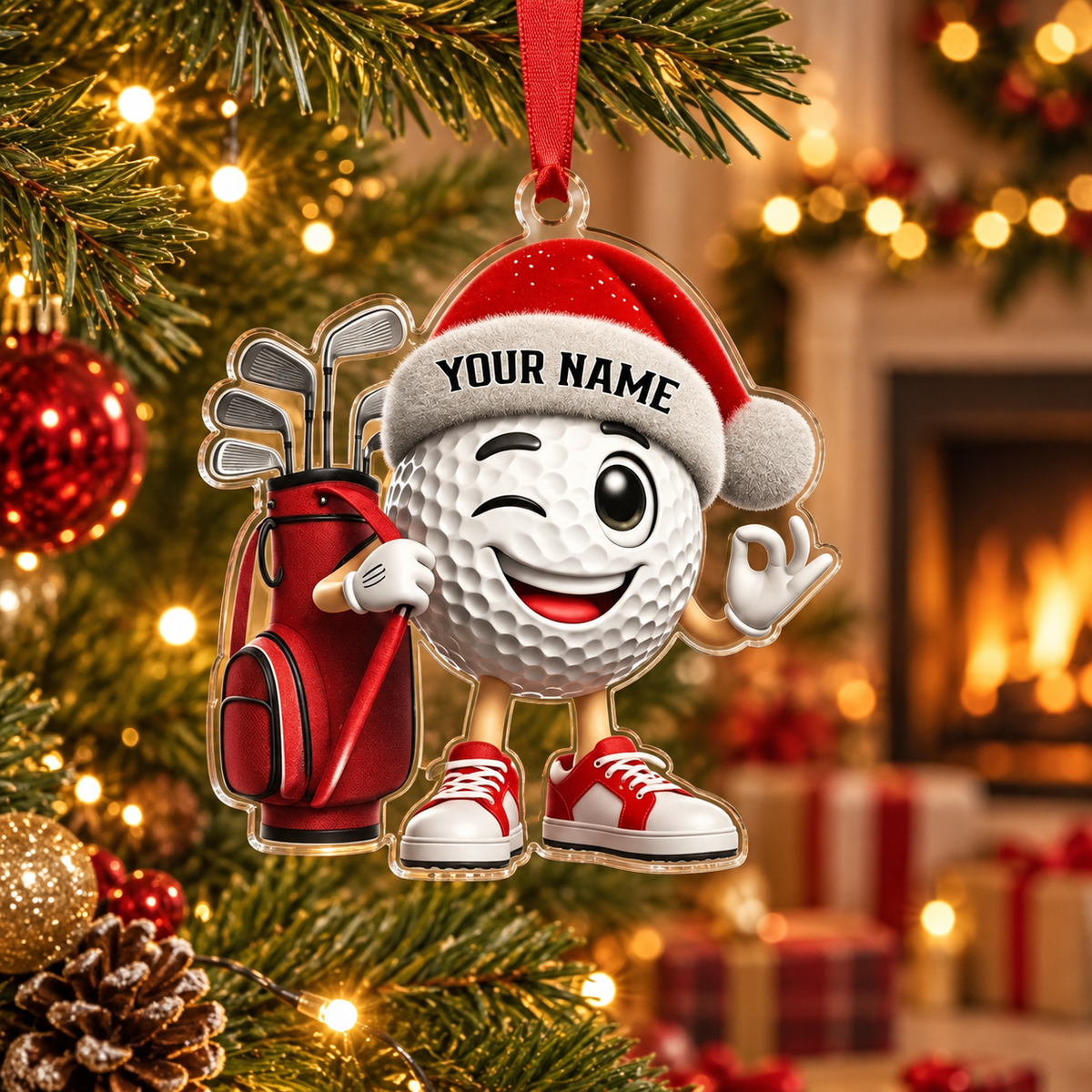 Personalized Golf Christmas Ornament, Custom Name Cartoon Golf Ball Acrylic Tree Decoration
