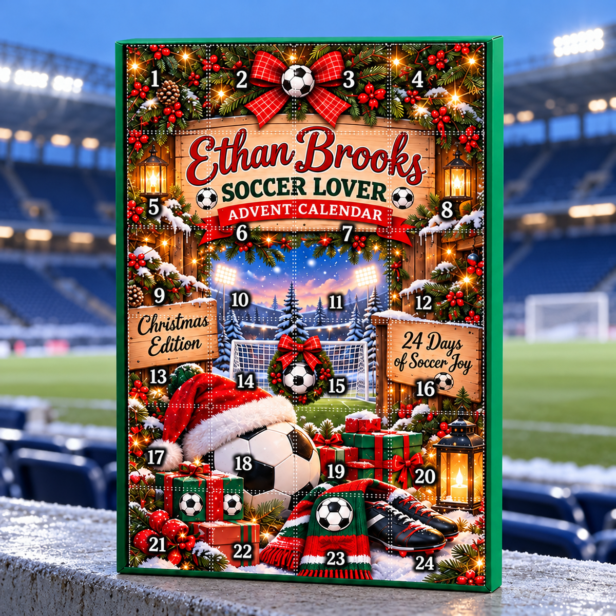 2026 Christmas Soccer Advent Calendar with Custom Name, 24-Day Countdown