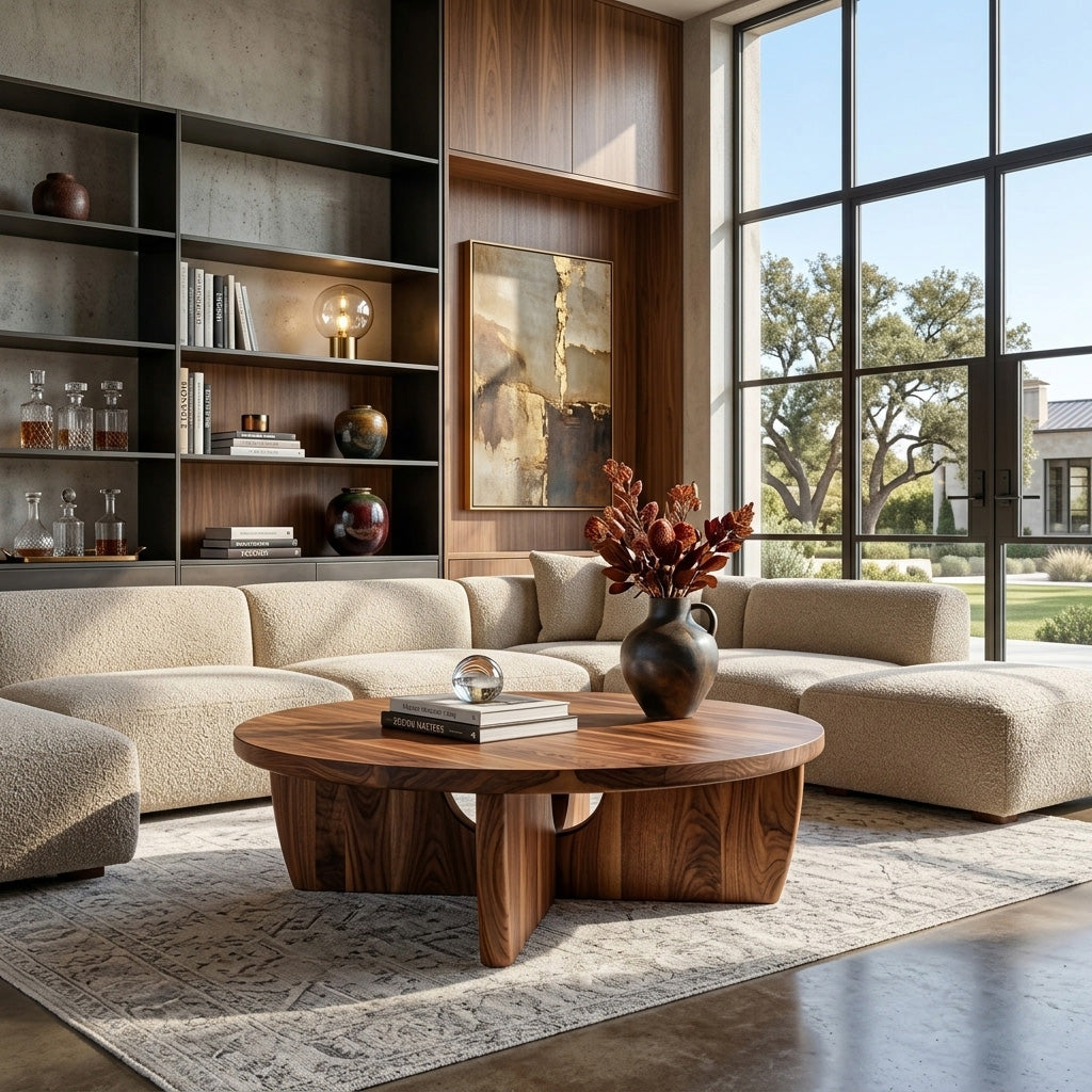 Round Wooden Coffee Table Unique Base Design For Home