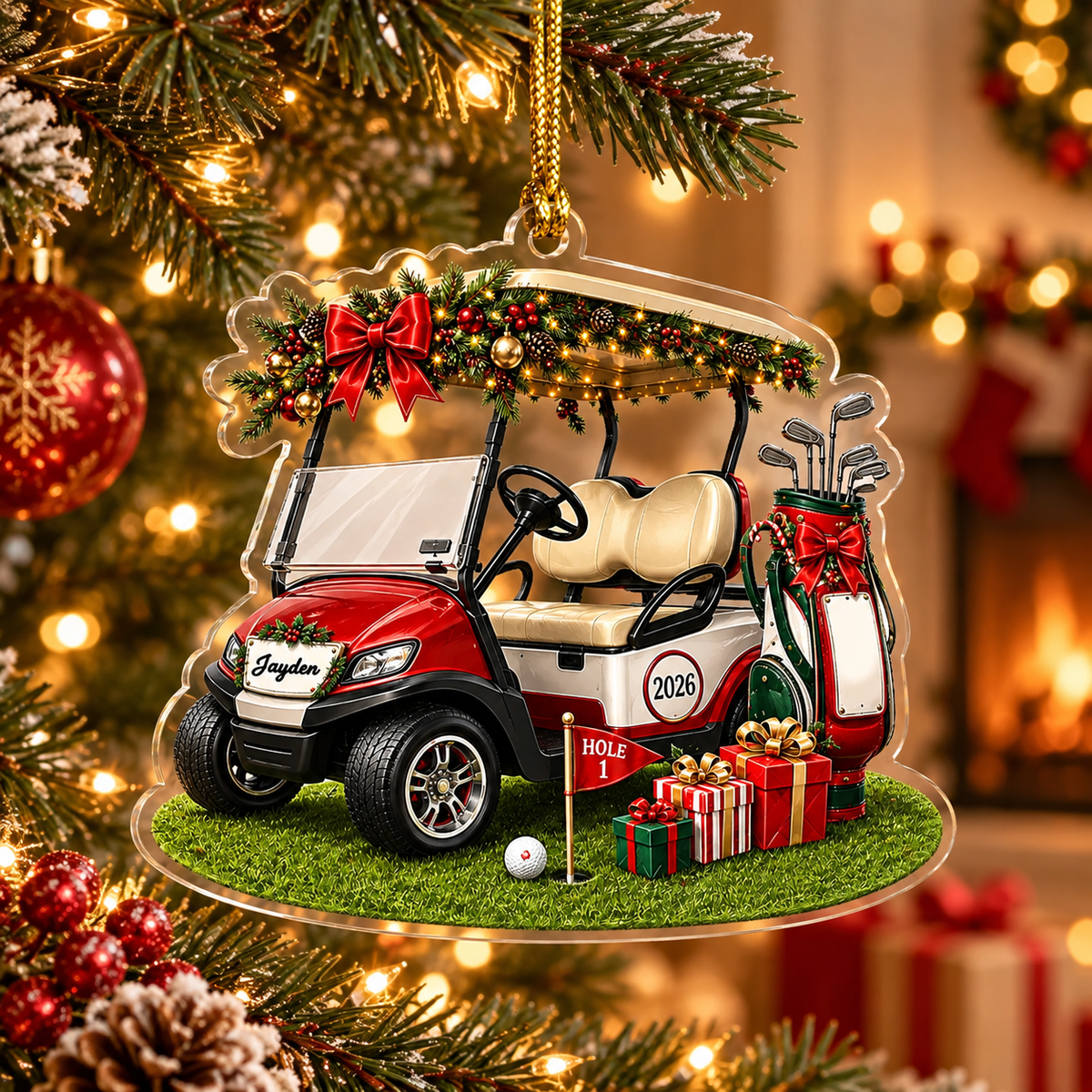 Personalized Golf Cart Christmas Ornament, Custom Name and 2026 Acrylic Golfer Decoration