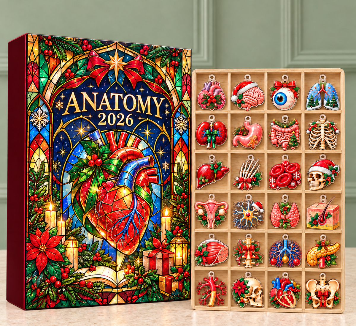 Anatomy Blind Box Advent Calendar 2026, 24 Acrylic Organ Charms, Stained Glass Christmas Countdown, Medical Student Gift