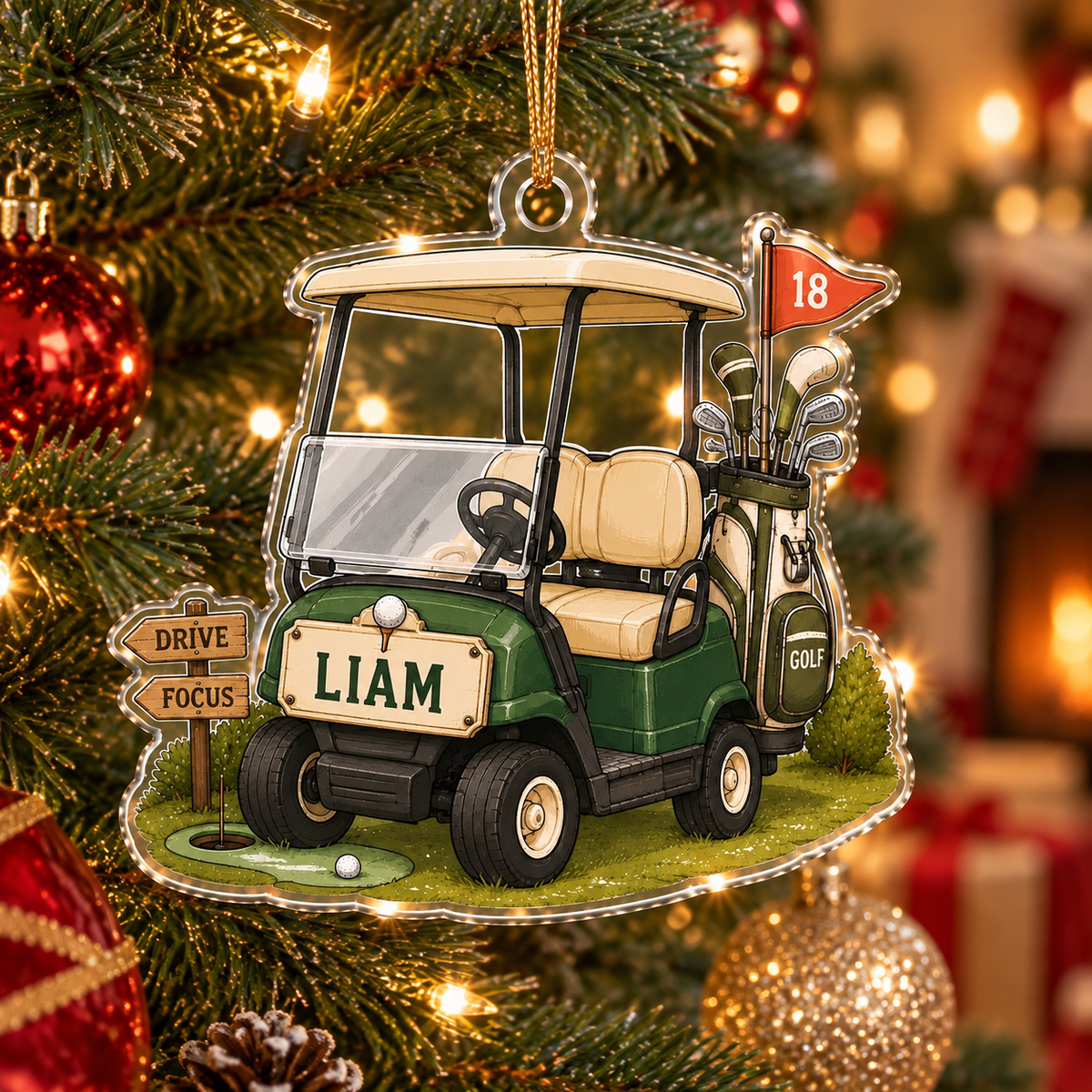Personalized Golf Cart Ornament, Custom Name and Number Acrylic Christmas Decoration for Golfers