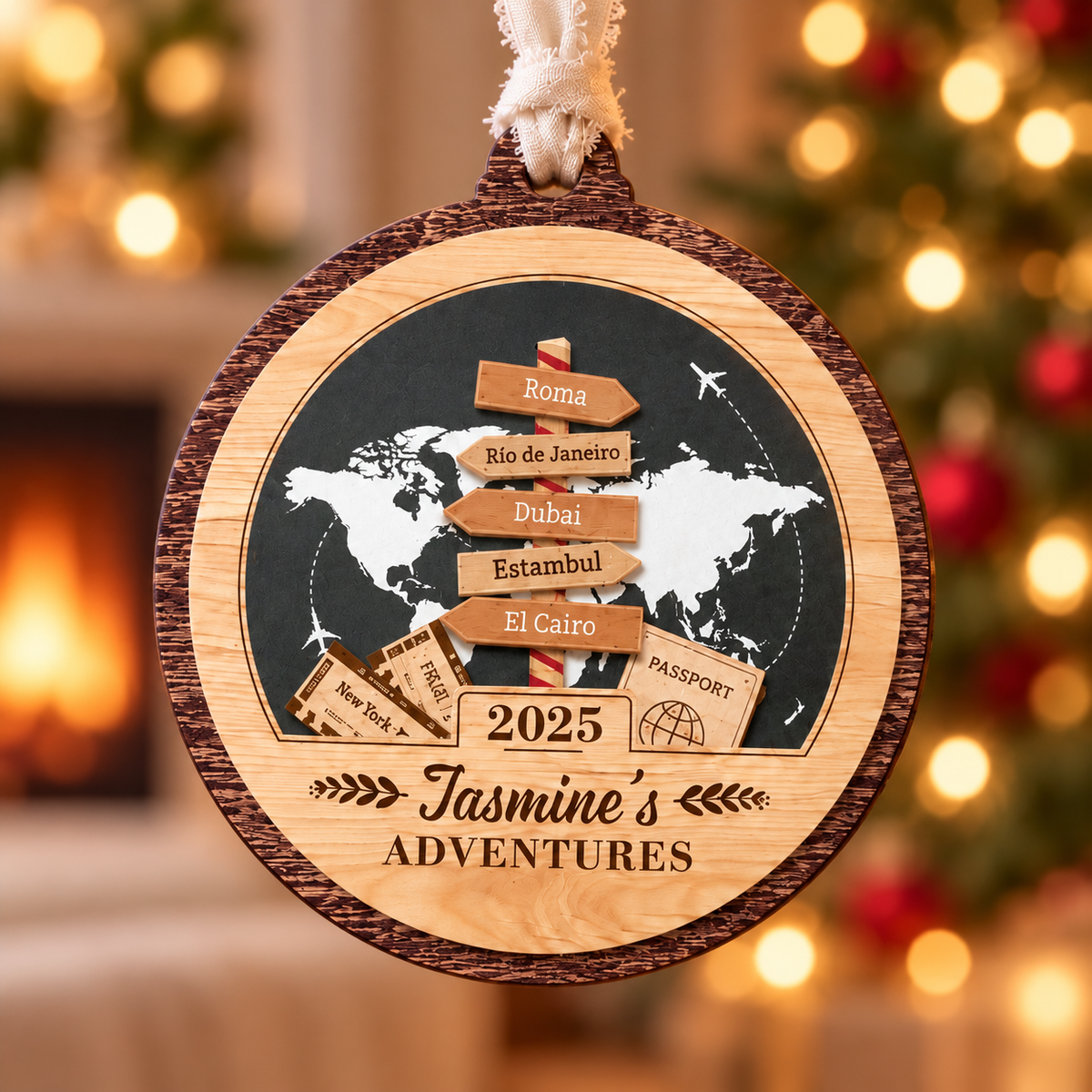 Personalized Travel Adventure Ornament 2025, Custom Destination Keepsake for Couples, Unique Holiday Gift for Travelers Christmas Decoration