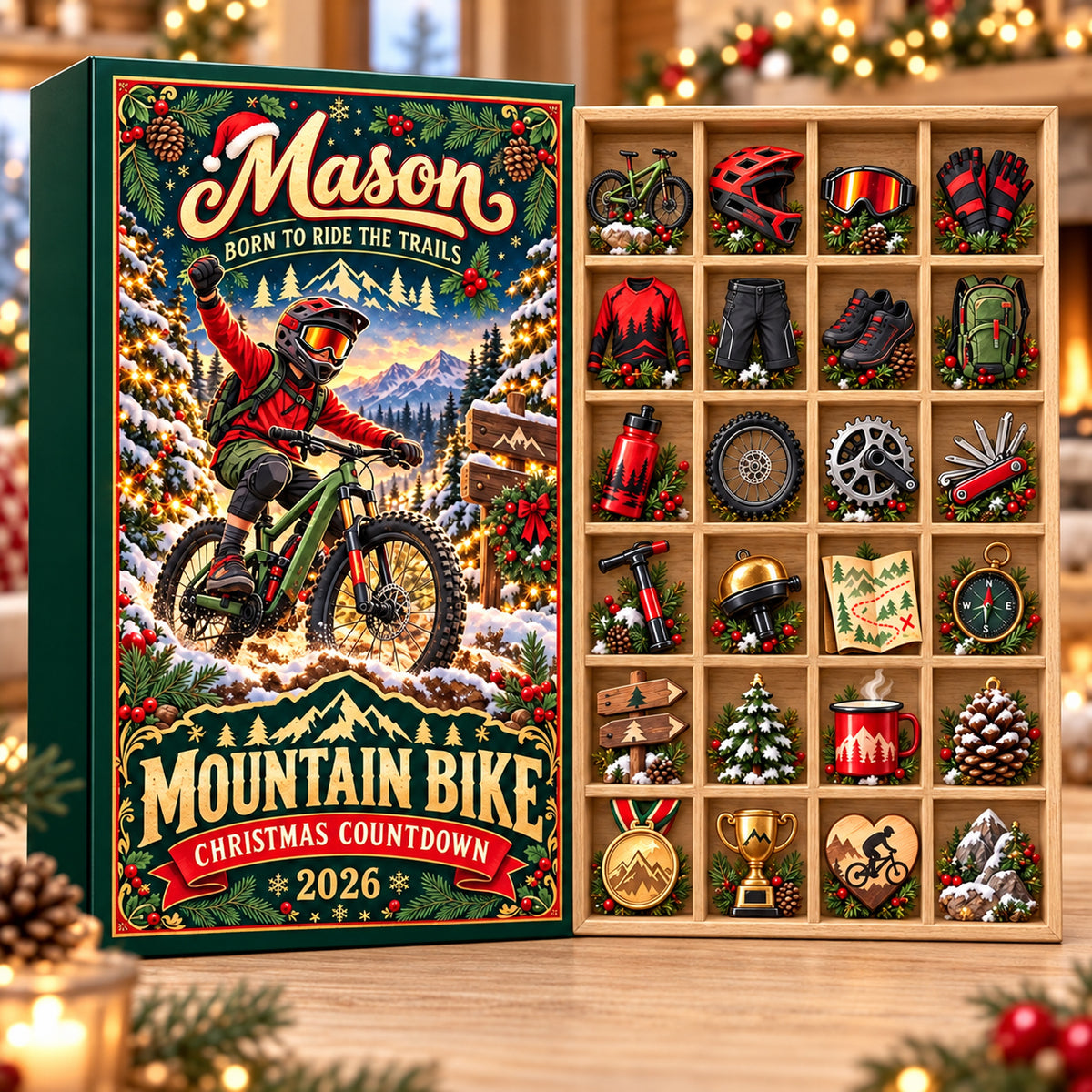 Personalized Mountain Bike Advent Calendar 2026, MTB Cycling Christmas Countdown Box, 24 Bike Gear Ornaments, Biker Holiday Decor, Gift 2026