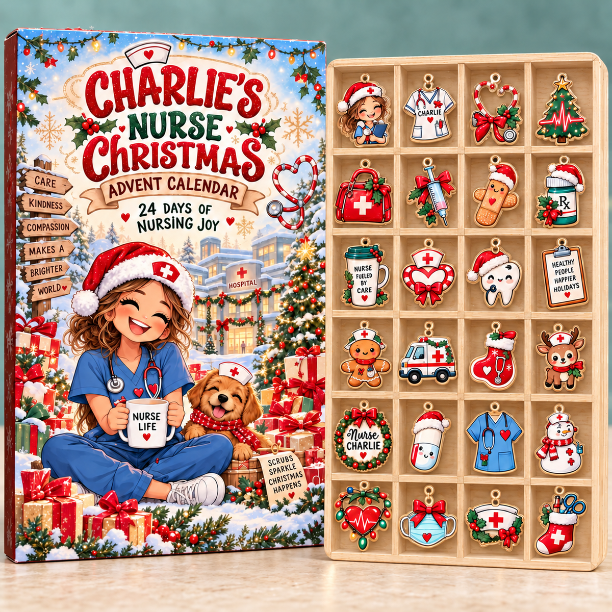 Personalized Nurse Advent Calendar, Nurse Christmas Gift, 24 Nursing Charms, Custom Name Nurse Gift, Healthcare Worker Gift, RN Ornament