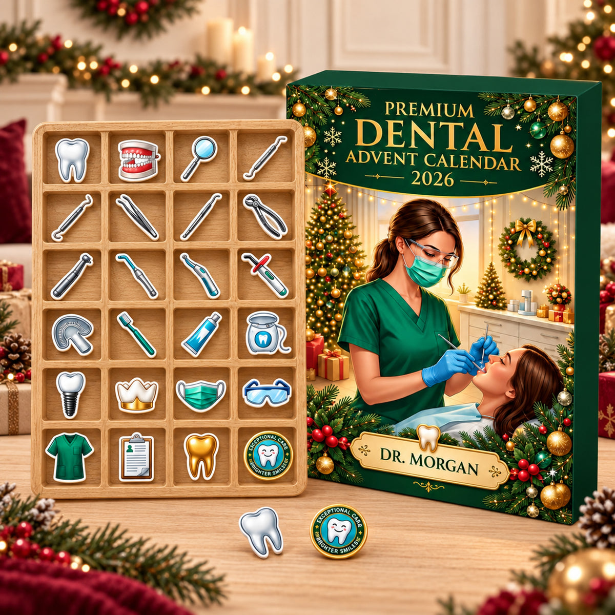Personalized Dental Advent Calendar, Custom Name 24 Day Christmas Countdown, Dentist Dental Hygienist Ornaments, Holiday Advent Calendar