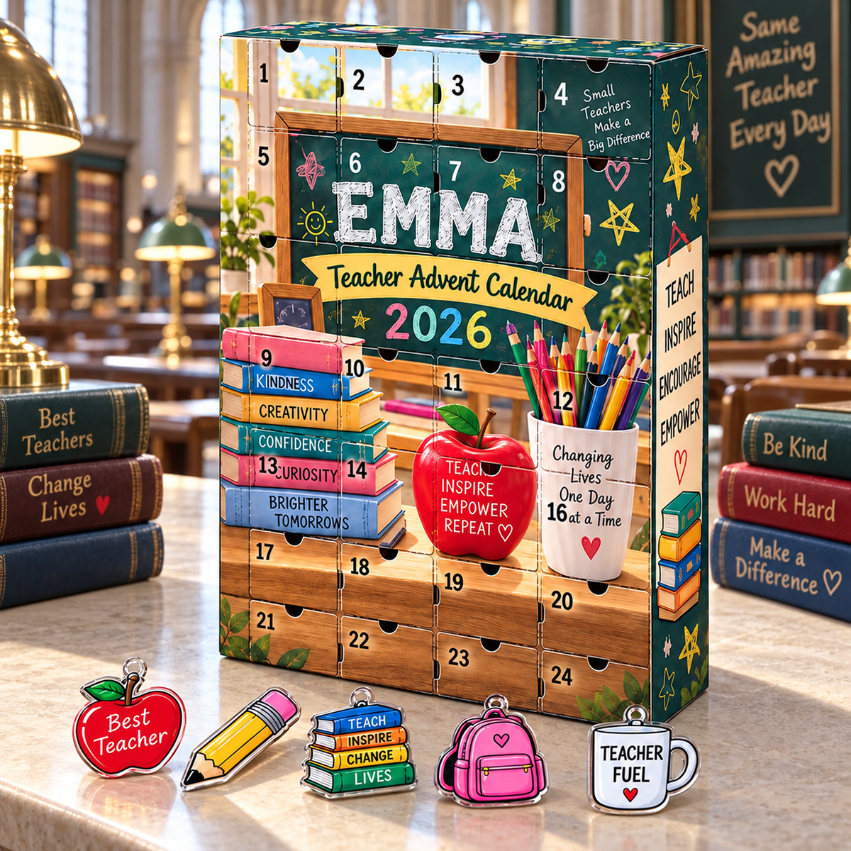 Personalized Teacher Advent Calendar 2026 with 24 Tokens