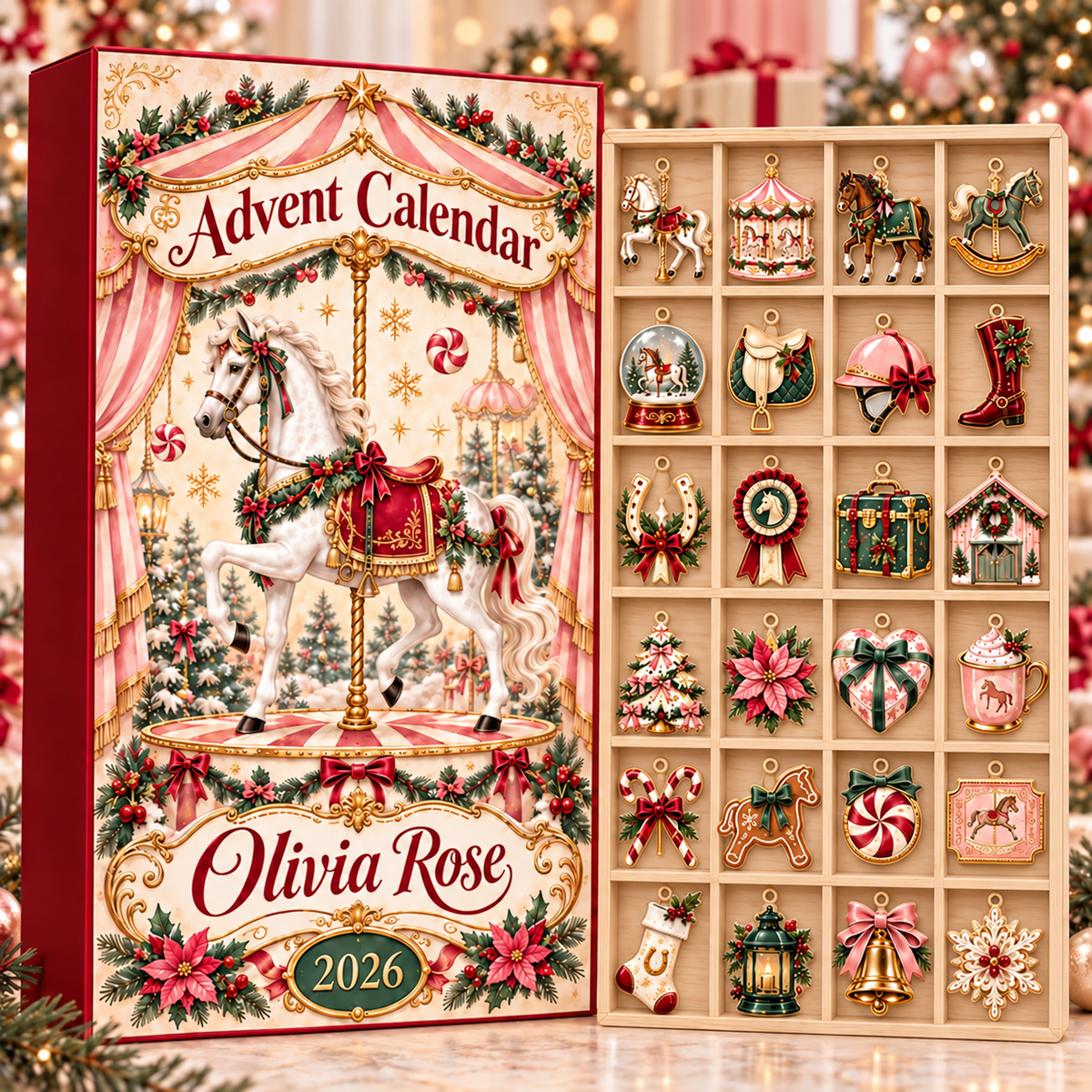 Personalized Horse Carousel Advent Calendar 2026 with Custom Name, 24 Acrylic Charms, Christmas Countdown Blind Box