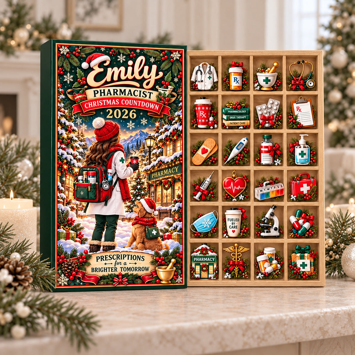 Personalized Pharmacist Advent Calendar 2026, 24 Day Pharmacy Christmas Countdown, Medical Mini Ornaments, Custom Name Holiday Gift