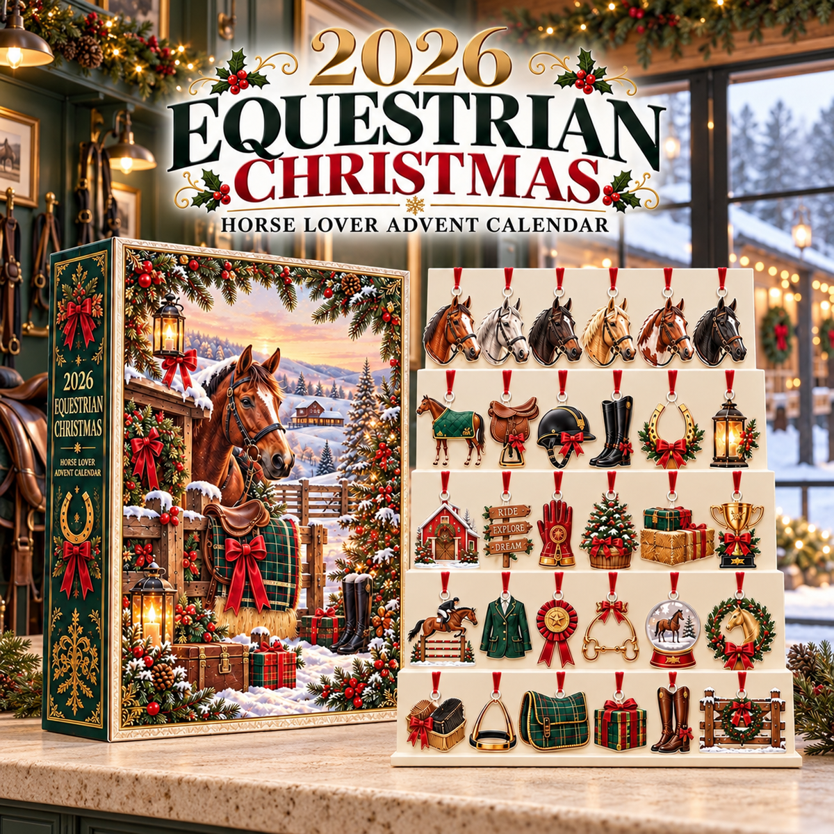 Personalized Equestrian Advent Calendar 2026 with Custom Name, 24 Horse and Stable Ornaments, Christmas Countdown Gift