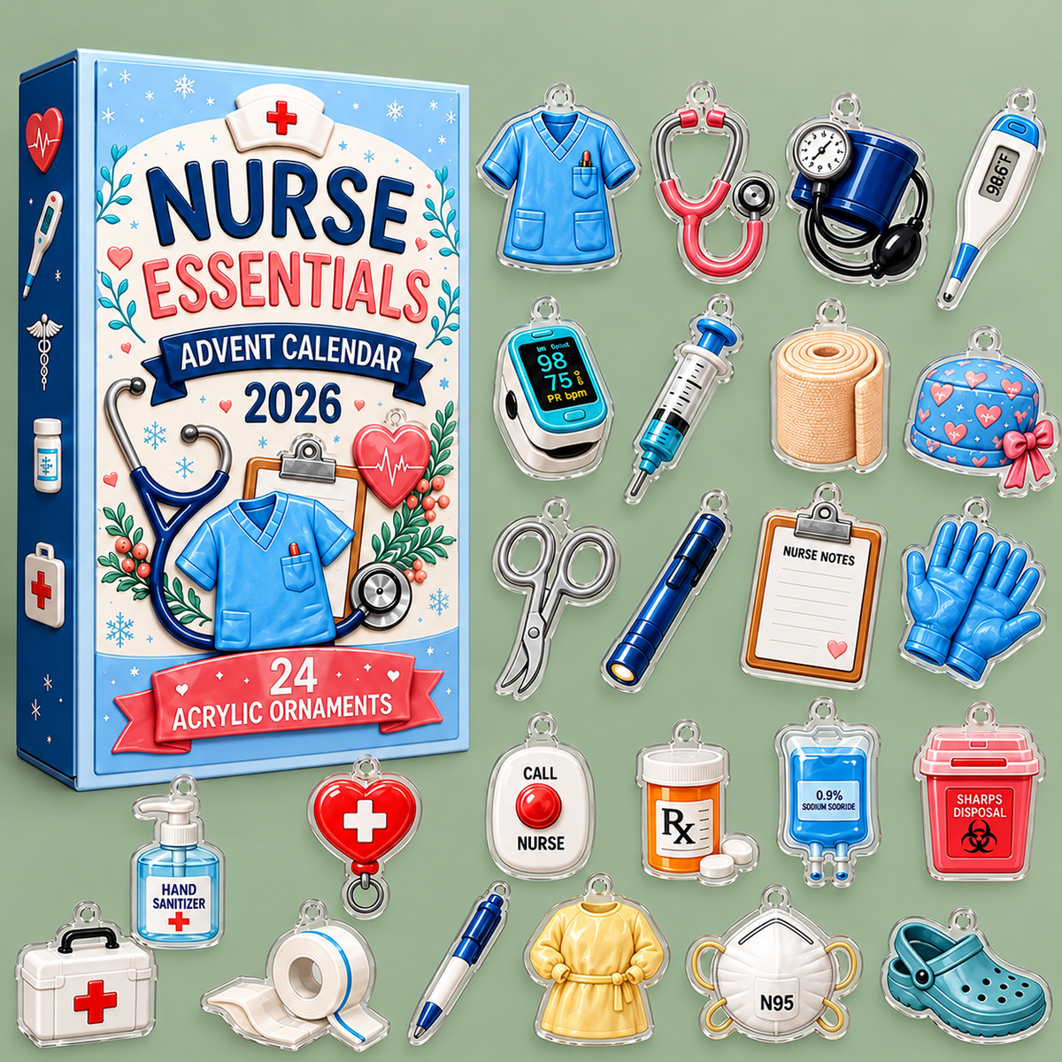 Personalized Nurse Essentials Advent Calendar with Charms, Custom Name, 24 Acrylic Nurse Ornaments, RN Christmas Gift