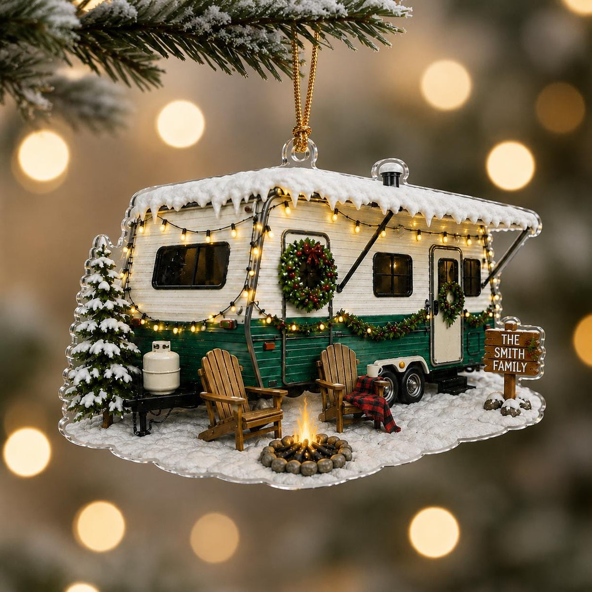 Personalized Holiday Camper Trailer Acrylic Ornament, Custom Christmas RV Decor, Winter Camping Keepsake, Family Xmas Gift