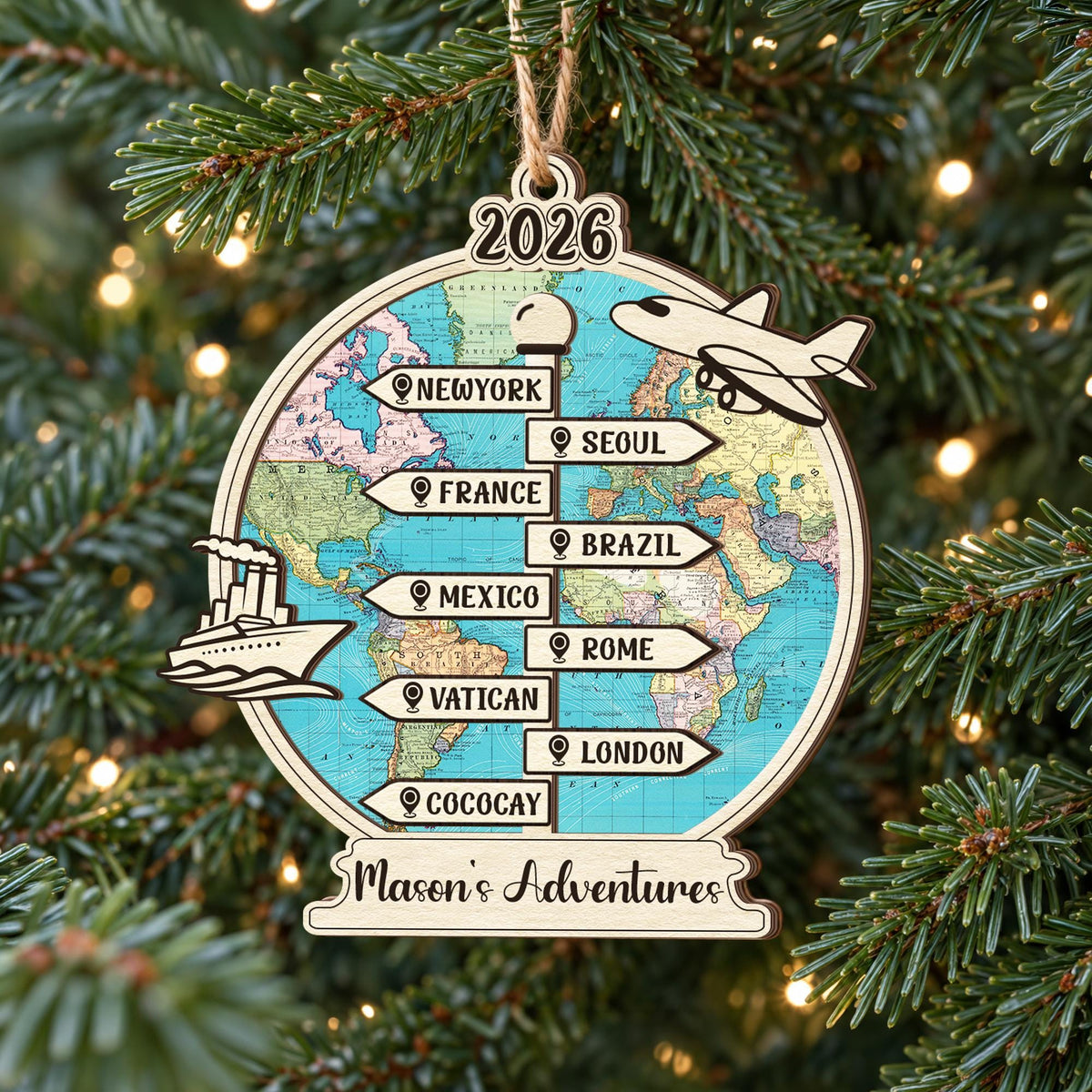 Customized Traveling Destination Ornament, Personalized Travel Adventure Ornament, Family Trip, Travel Gift, Christmas Gift