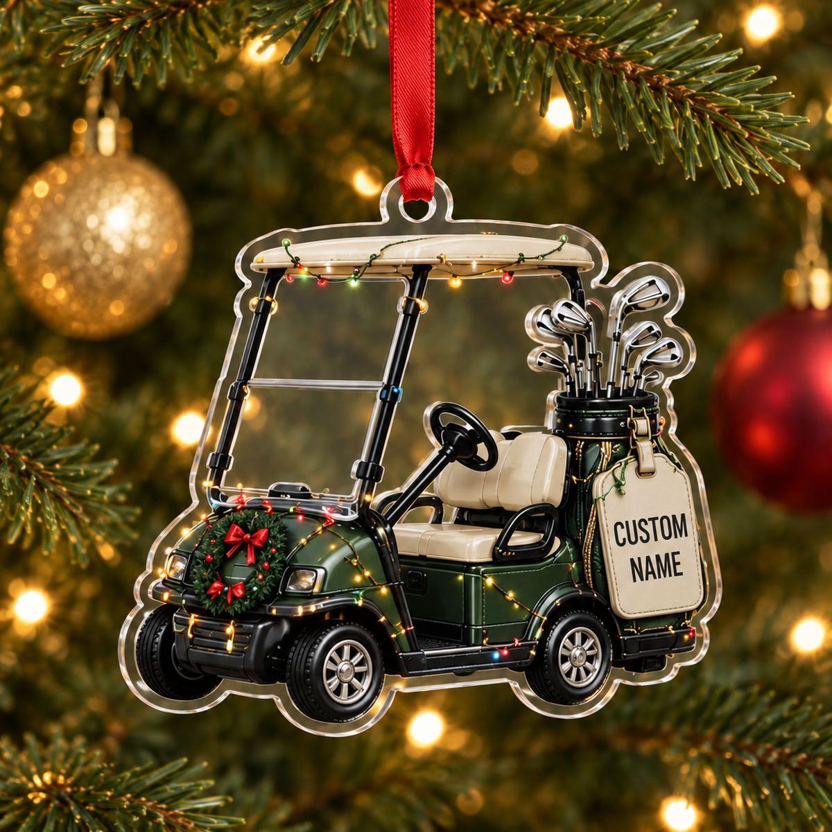 Personalized Golf Cart Christmas Ornament, Custom Name Acrylic Tree Decoration for Golfers