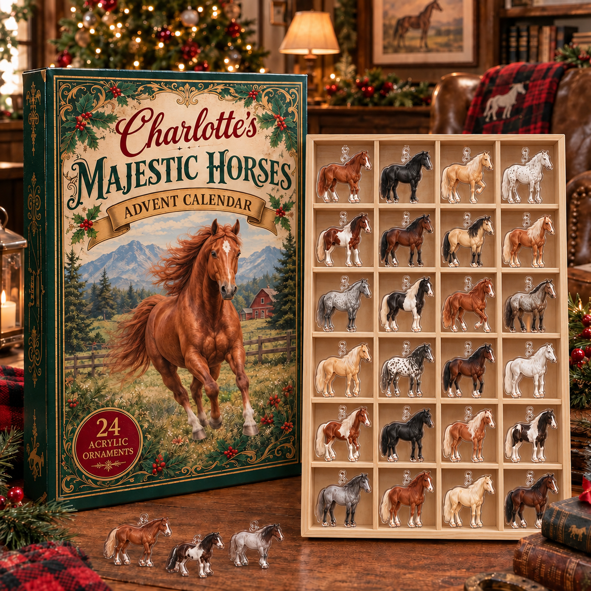 Personalized Horse Advent Calendar 2026 with Custom Name, 24 Acrylic Ornaments, Equestrian Christmas Keepsake