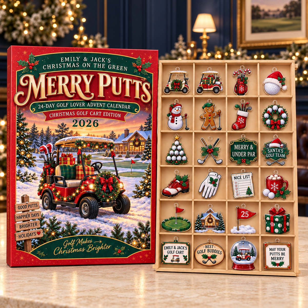 2026 Golf Advent Calendar With 24 Wood or Acrylic Charms and Tray