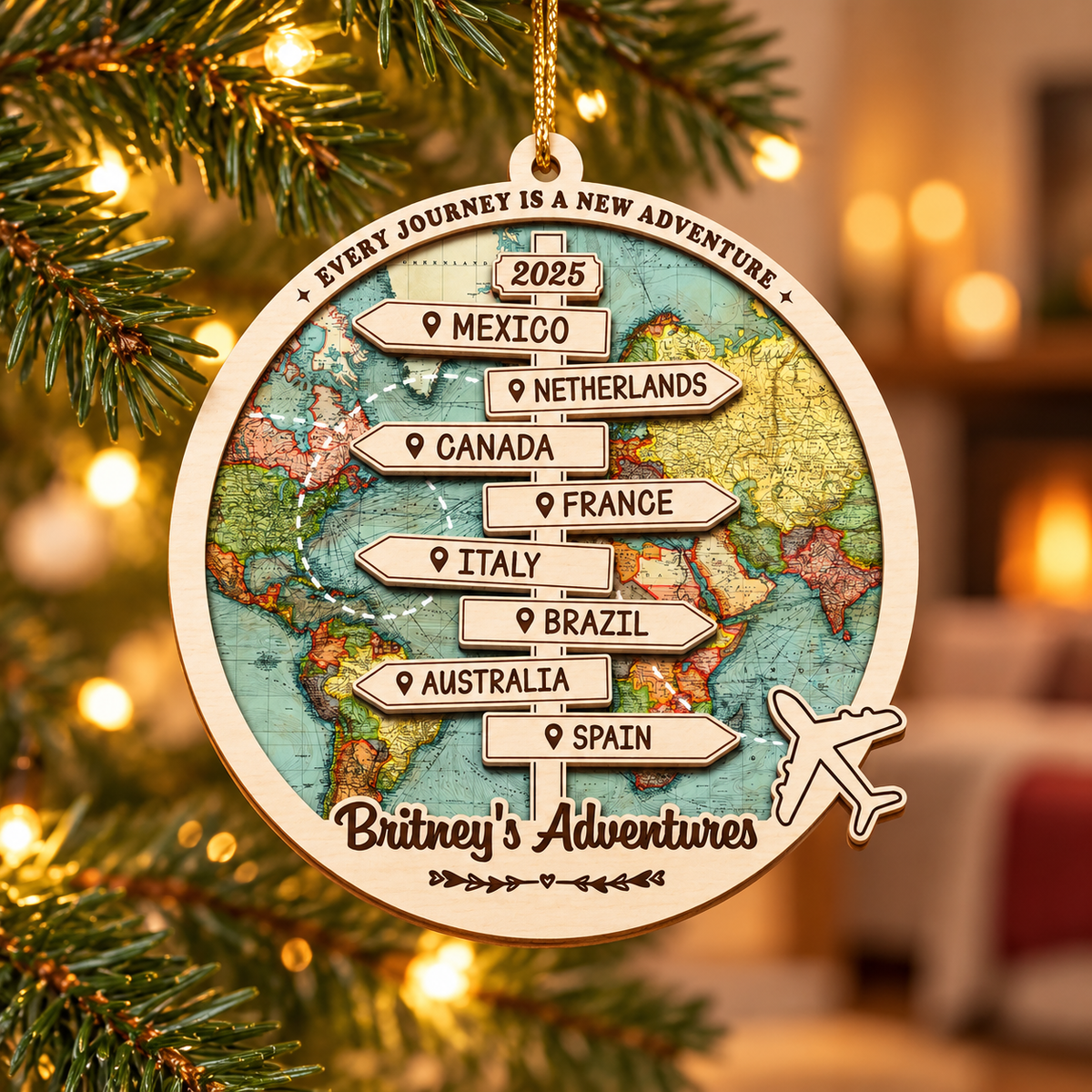 Personalized 2026 Travel Ornament Custom 2-Layer Wooden Destination Keepsake