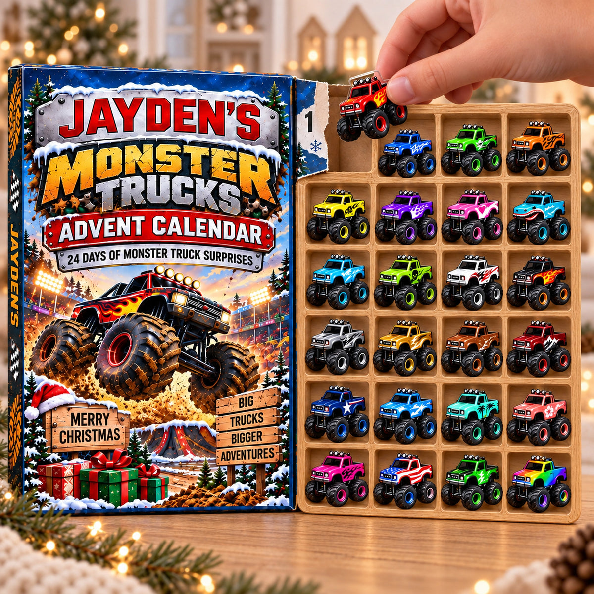 Personalized Monster Truck Advent Calendar 2026, Custom Name Racing Truck 24 Days Countdown Box, Christmas Gift for BoysToddlerKids