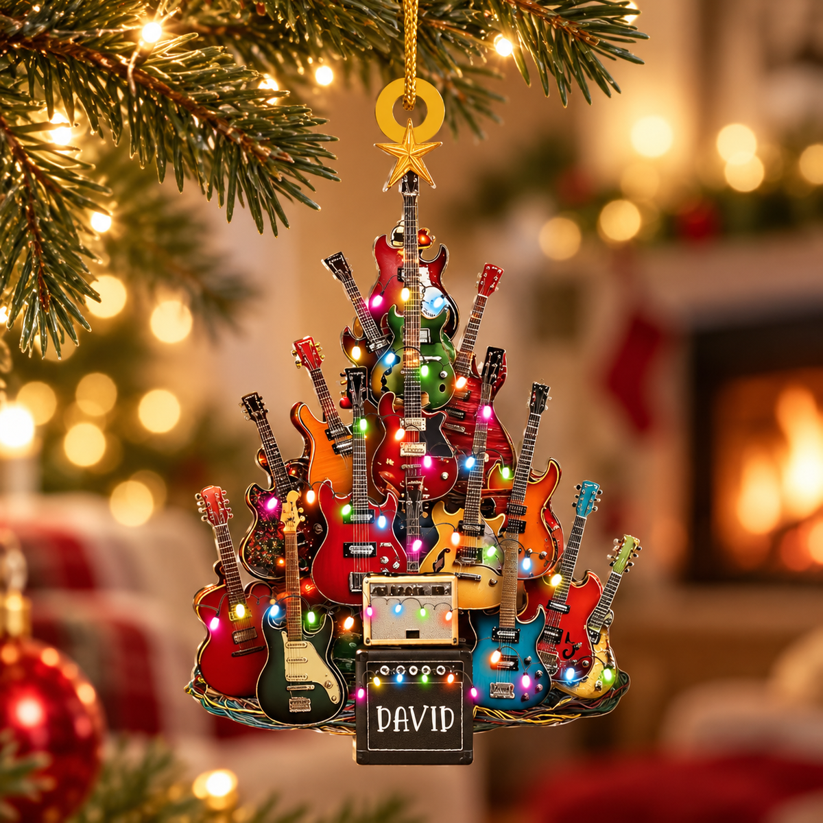 Personalized Guitar Christmas Tree Ornament with Custom Name on Amp – Gift for Guitarist