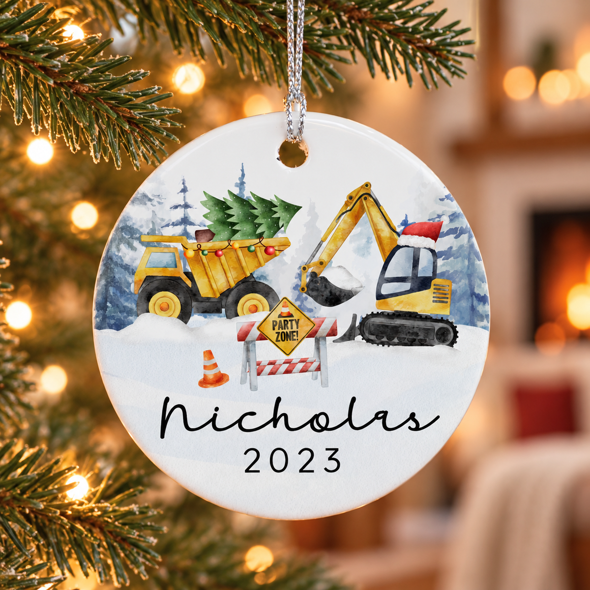Kids Christmas Construction Truck Name Ornament - Personalized Christmas 2024 Kids Ornament - Custom Name and Year Boys Ornament