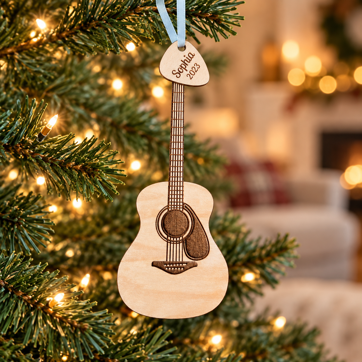 Personalized Acoustic Guitar Christmas Ornament with Custom Name and Year Pick – Gift for Guitarist