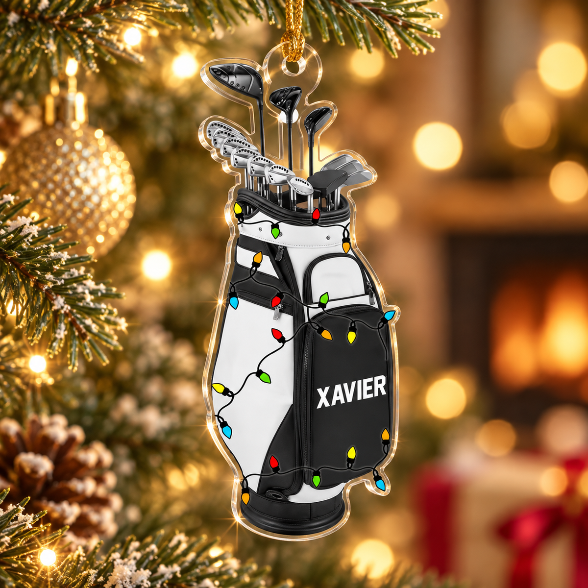Personalized Golf Bag Christmas Ornament, Custom Name Acrylic Tree Decoration with Holiday Lights