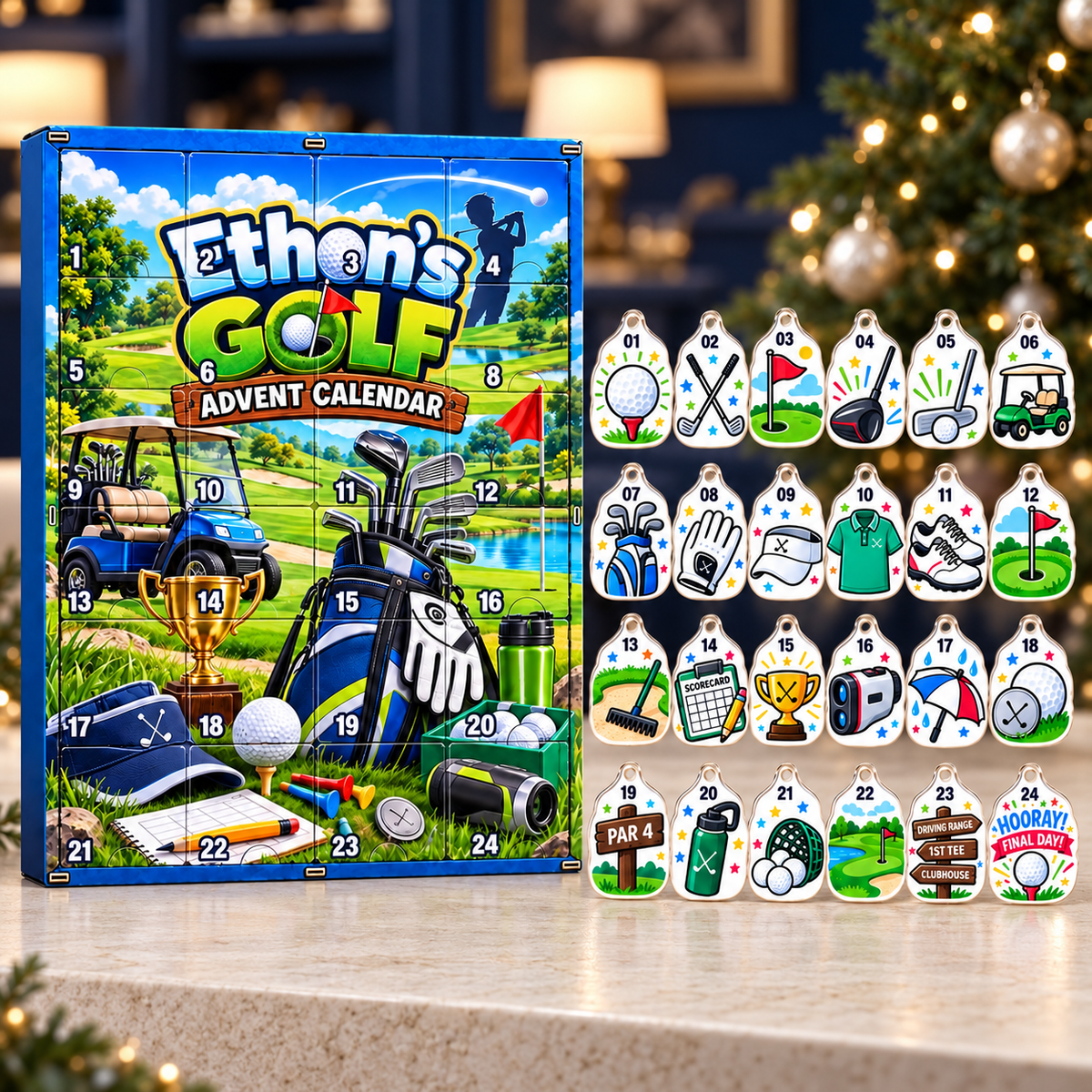 2026 Golf Life Advent Calendar With Custom Name and 24 Ornaments