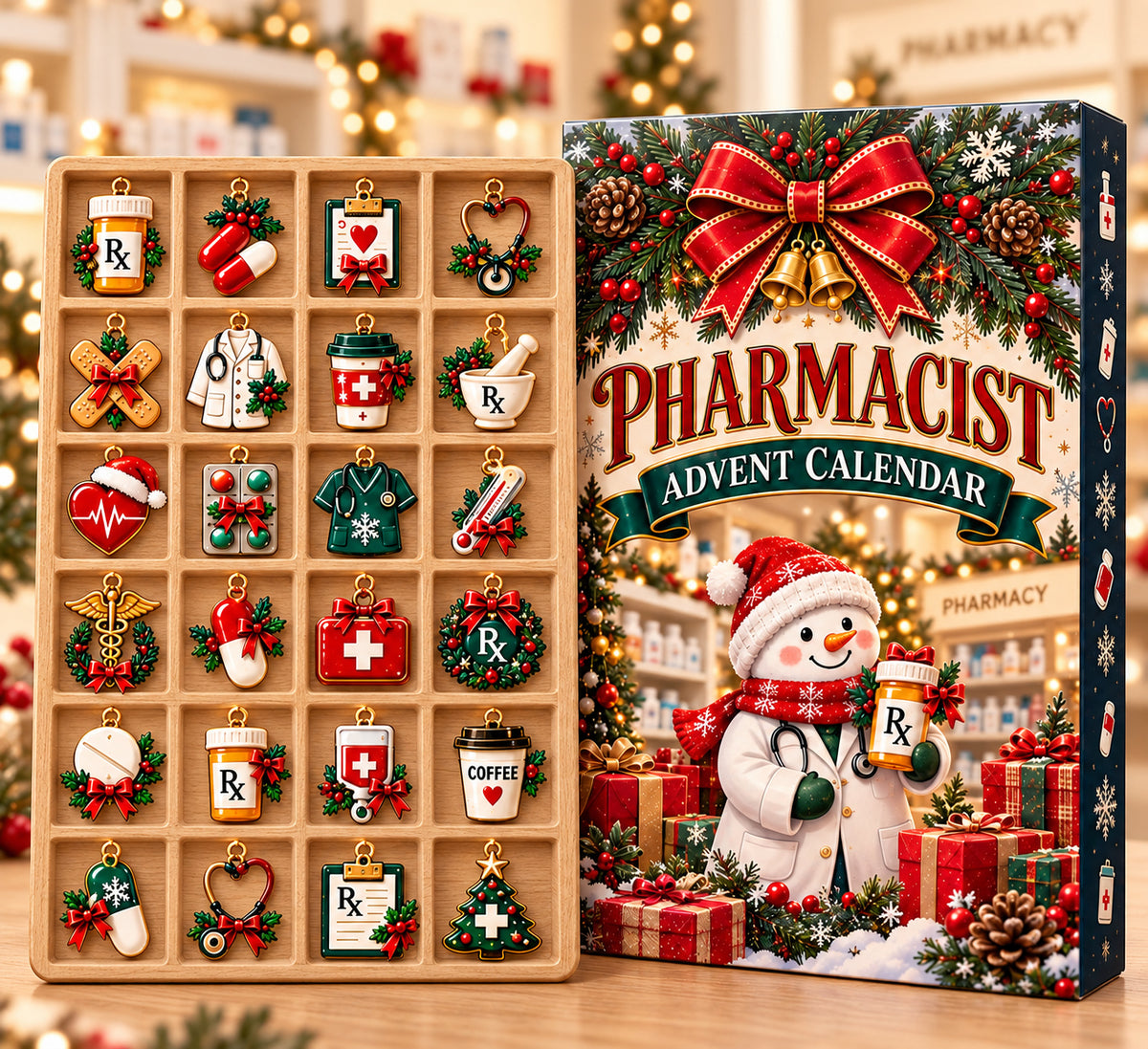 Pharmacist Advent Calendar, 24 Acrylic Medical Charms, Pharmacy Christmas Countdown Box