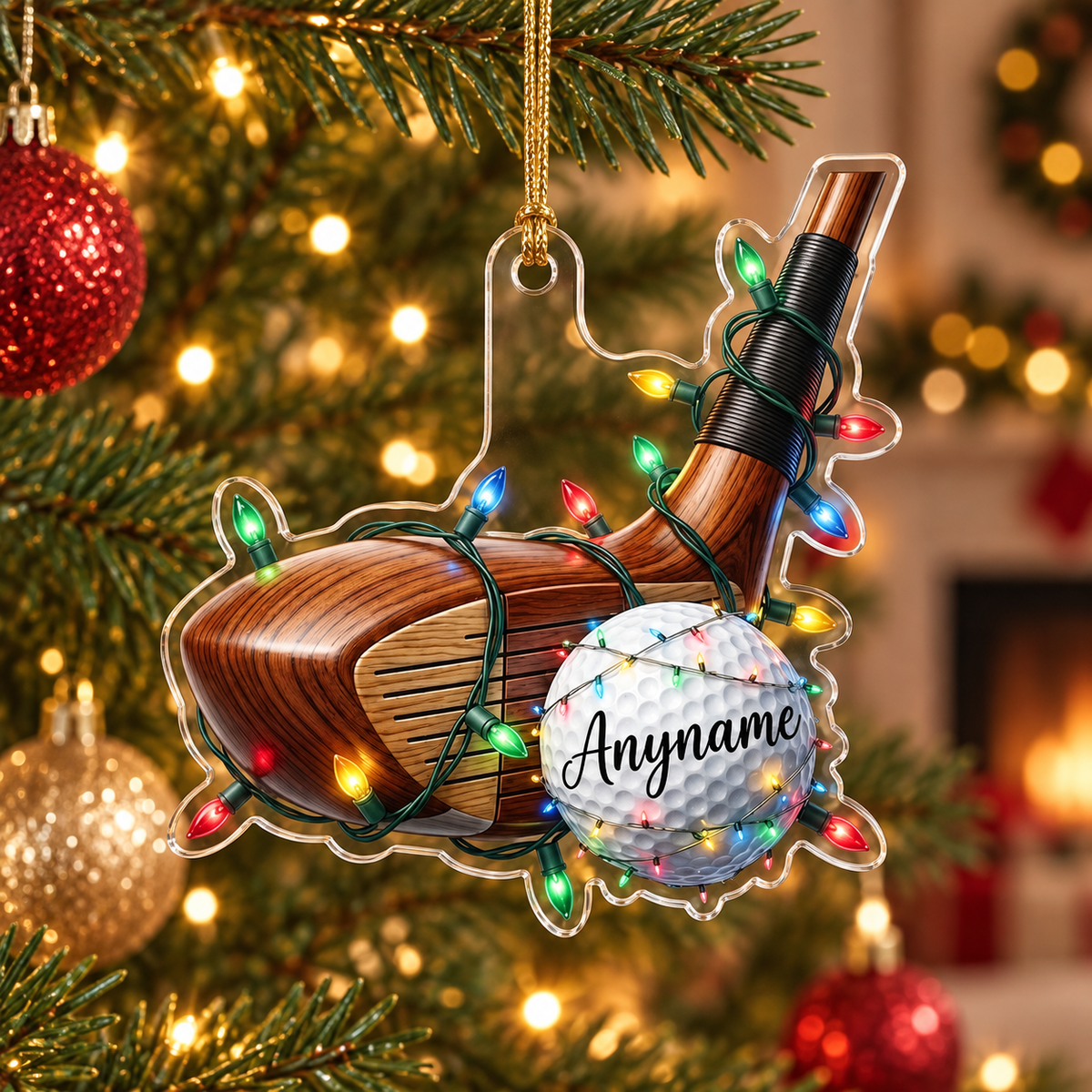 Personalized Golf Club Christmas Ornament, Custom Name Golf Ball Acrylic Tree Decoration with Holiday Lights