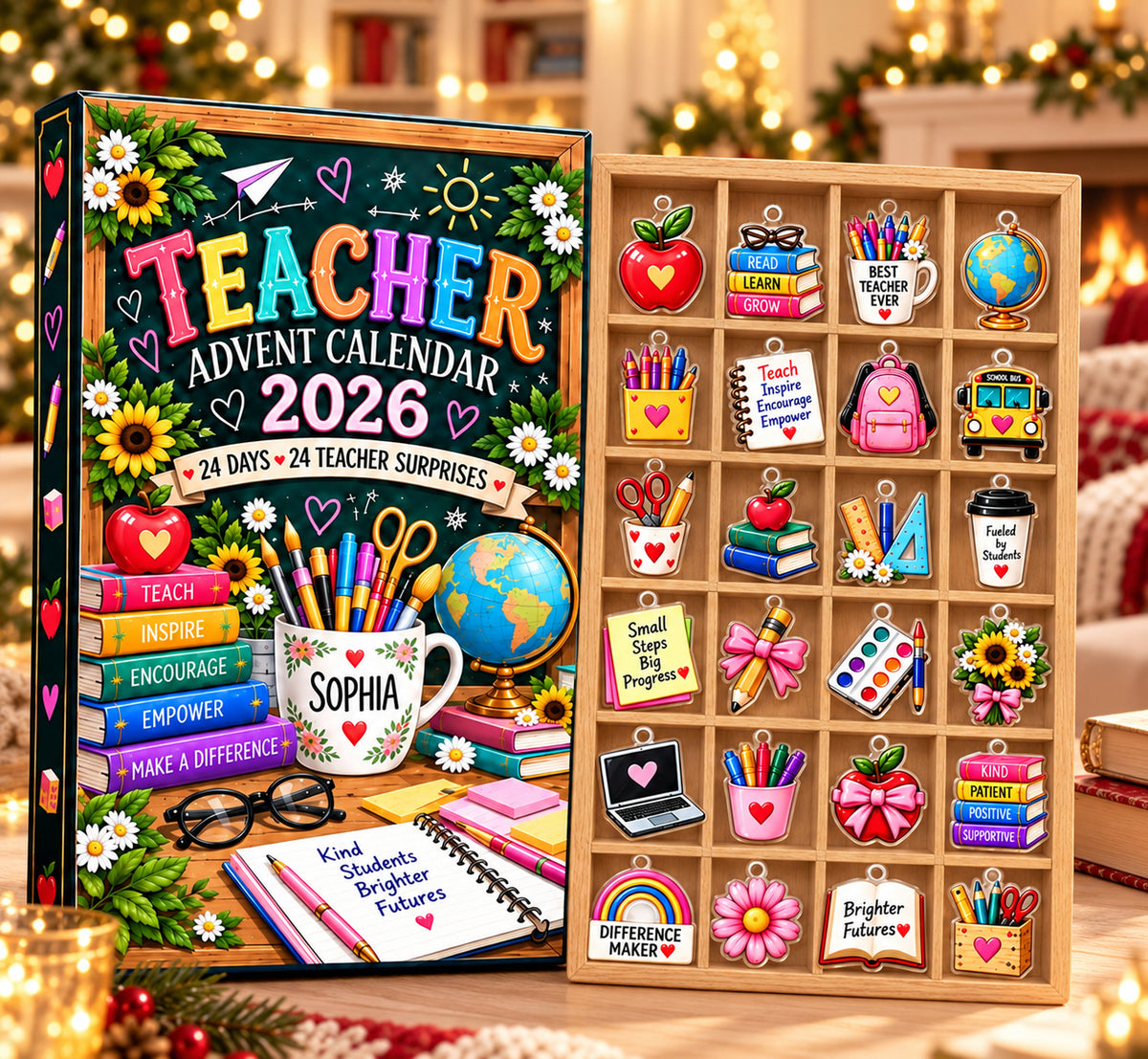 Personalized Teacher Advent Calendar with Charms, Custom Name Blind Box, 24 Day Christmas Gift