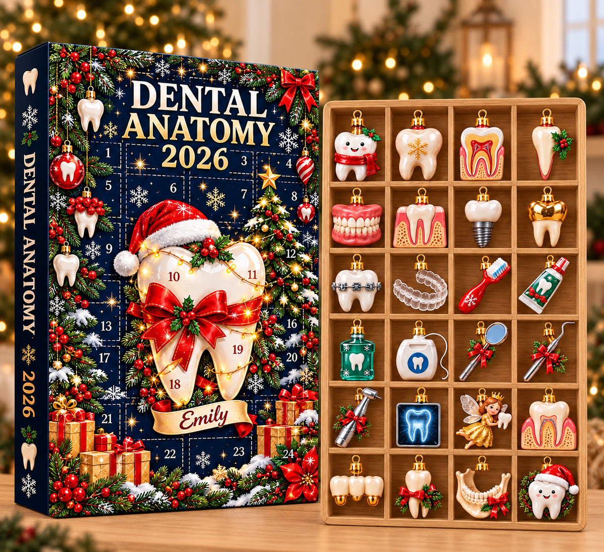Dental Anatomy Advent Calendar 2026, Personalized Dentist Christmas Countdown Box, 24 Tooth Ornaments, Dental Hygienist Holiday Gift 2026