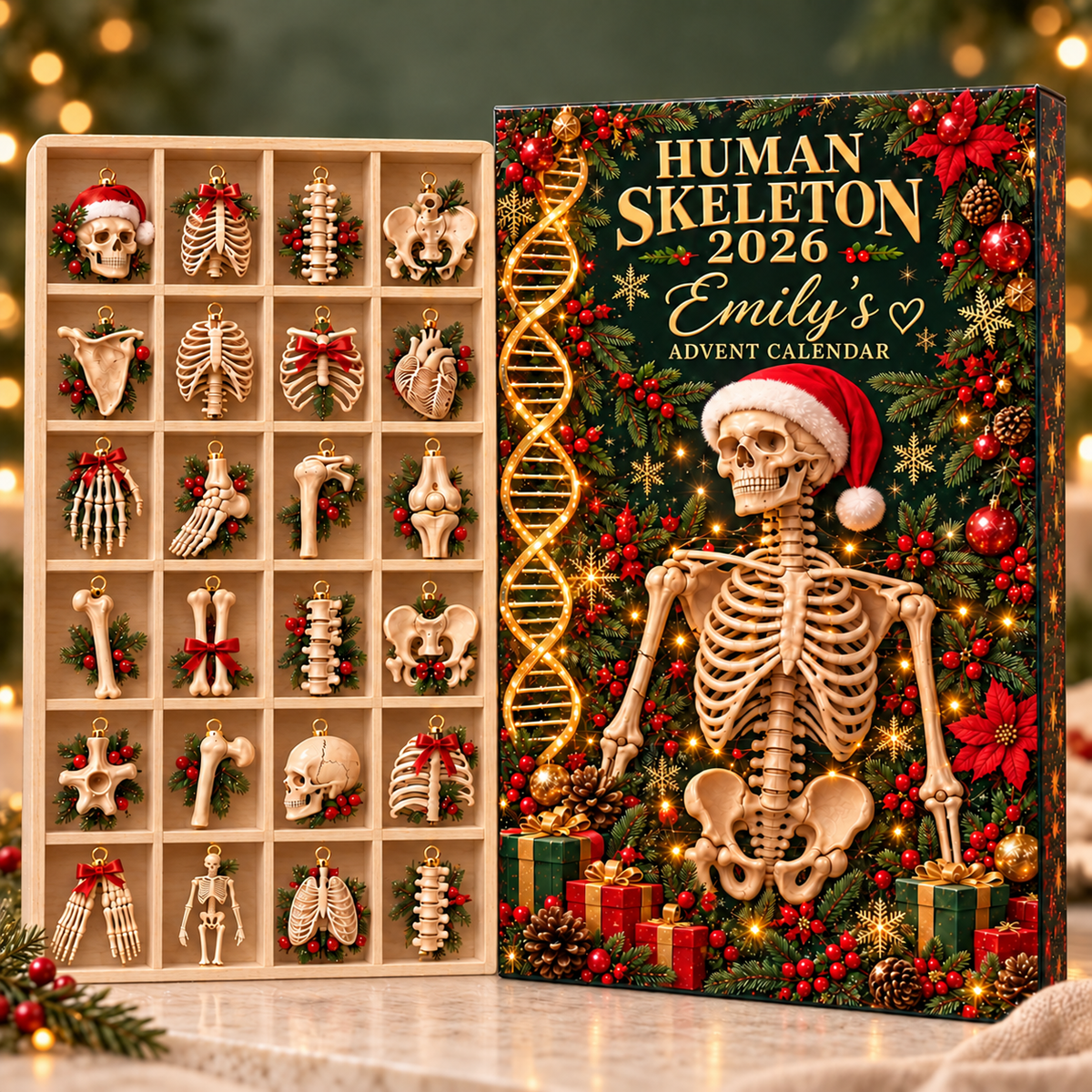 Human Skeleton Advent Calendar, Anatomy Bone Ornament Countdown, Personalized Science Lover Christmas Gift 2026 for Medical Students Set