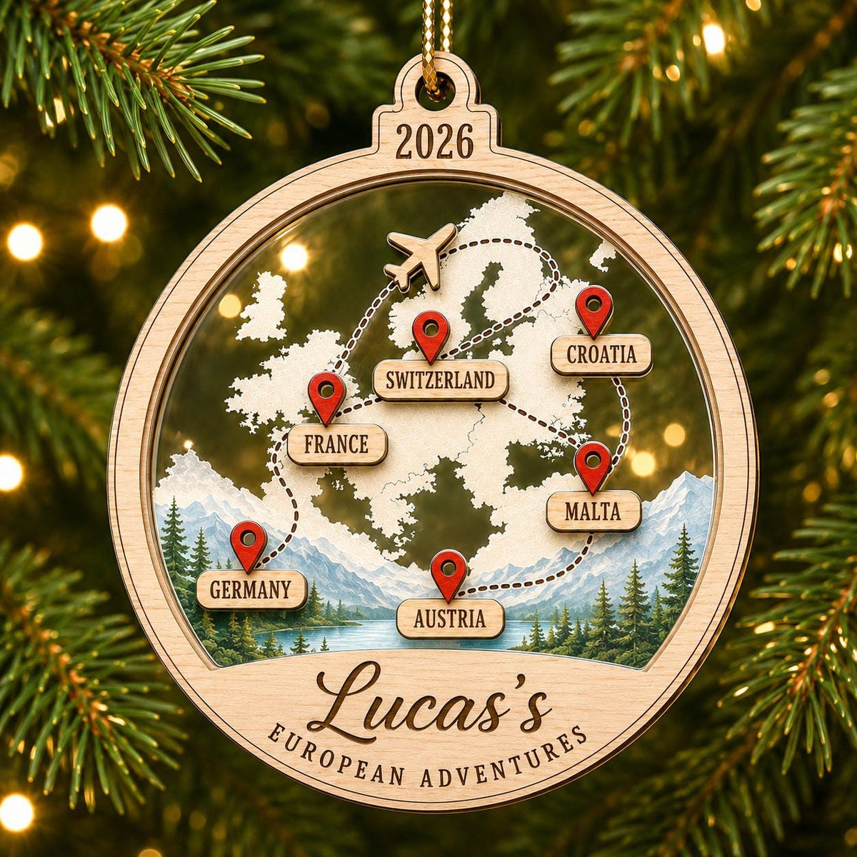 Personalized Europe Travel Map Wood Acrylic Christmas Ornament, Custom Trip Route with Country Pins, Airplane and Traveler Name