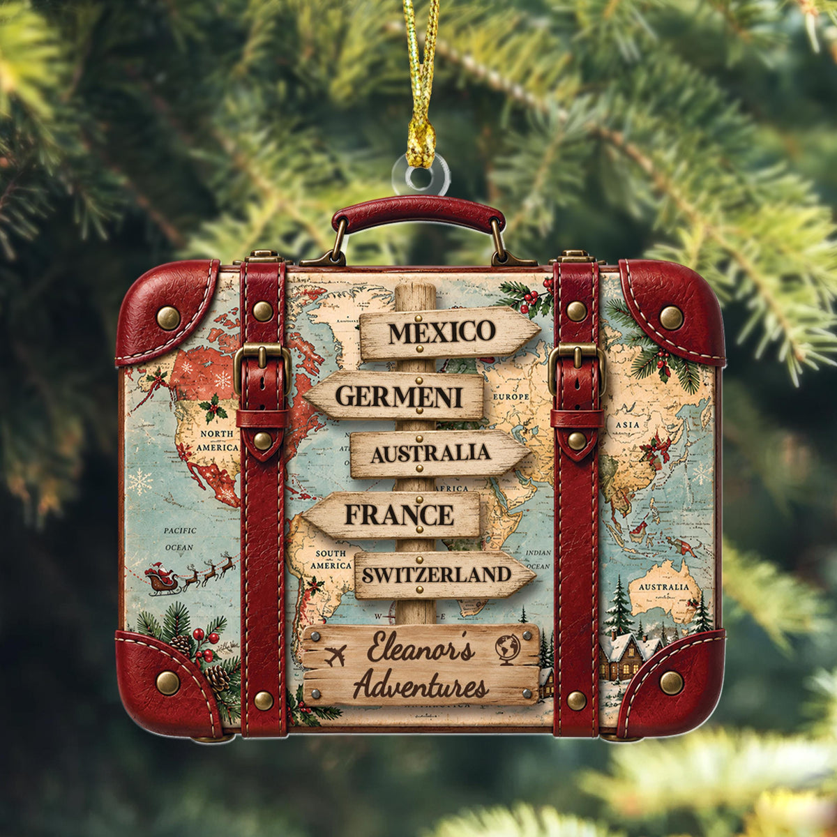 Personalized Travel Suitcase Christmas Ornament, Custom World Map Destination Keepsake