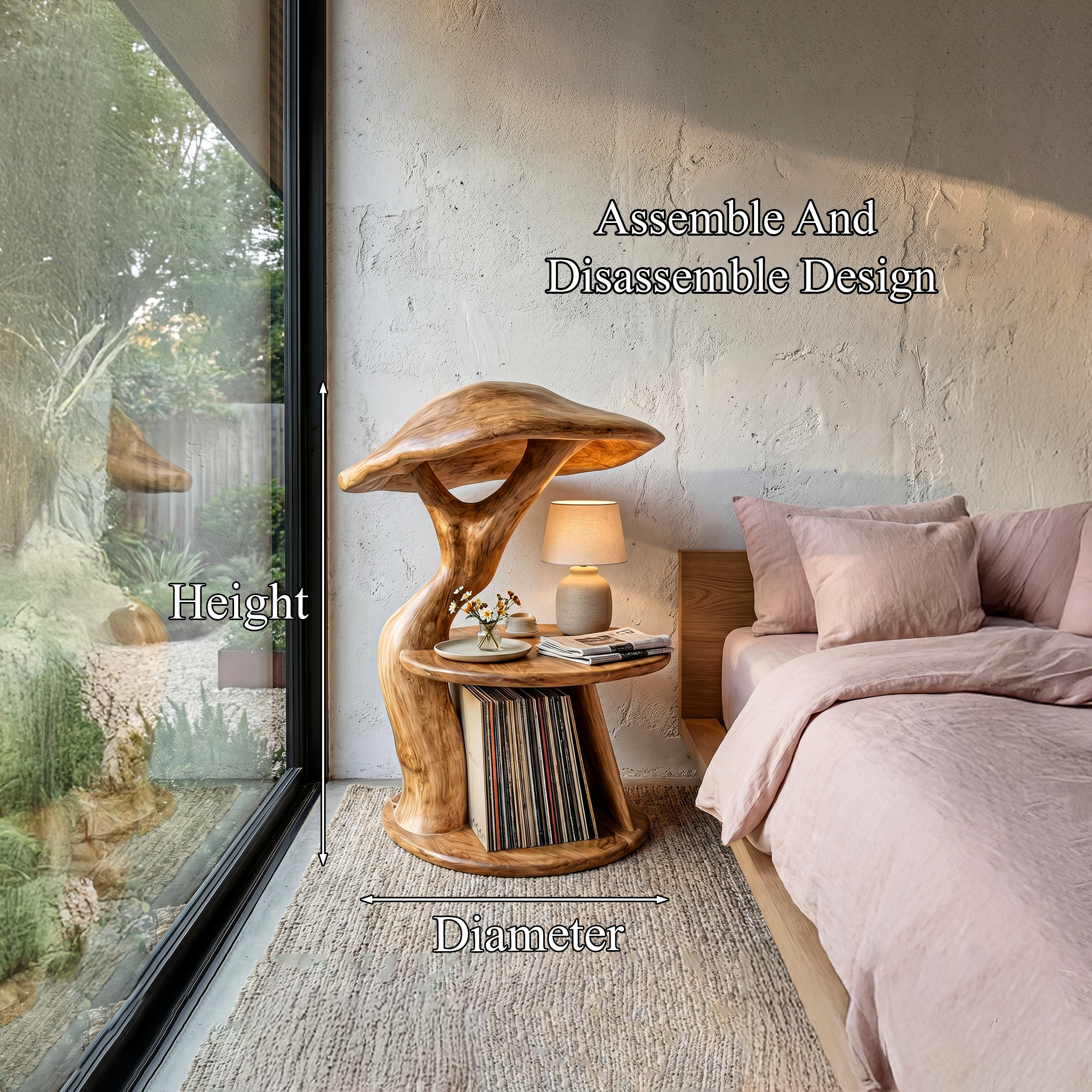 Organic Mushroom Nightstand With Sculptural Solid Wood Design And Vinyl Storage For Bedroom SINLHABT259