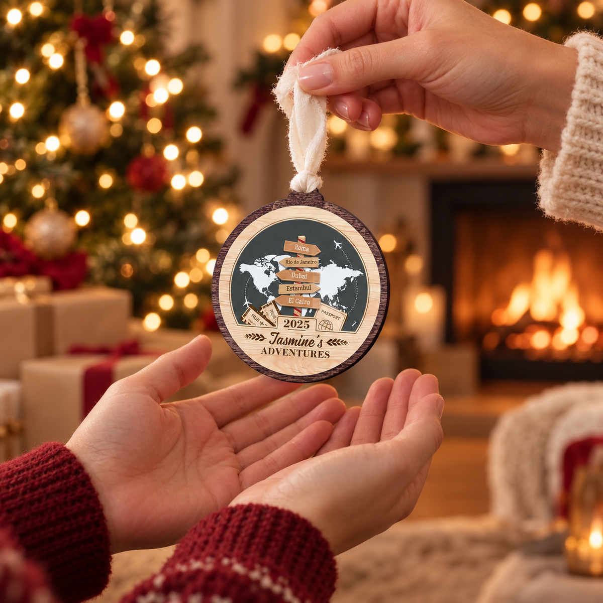 Personalized Travel Adventure Ornament 2025, Custom Destination Keepsake for Couples, Unique Holiday Gift for Travelers Christmas Decoration