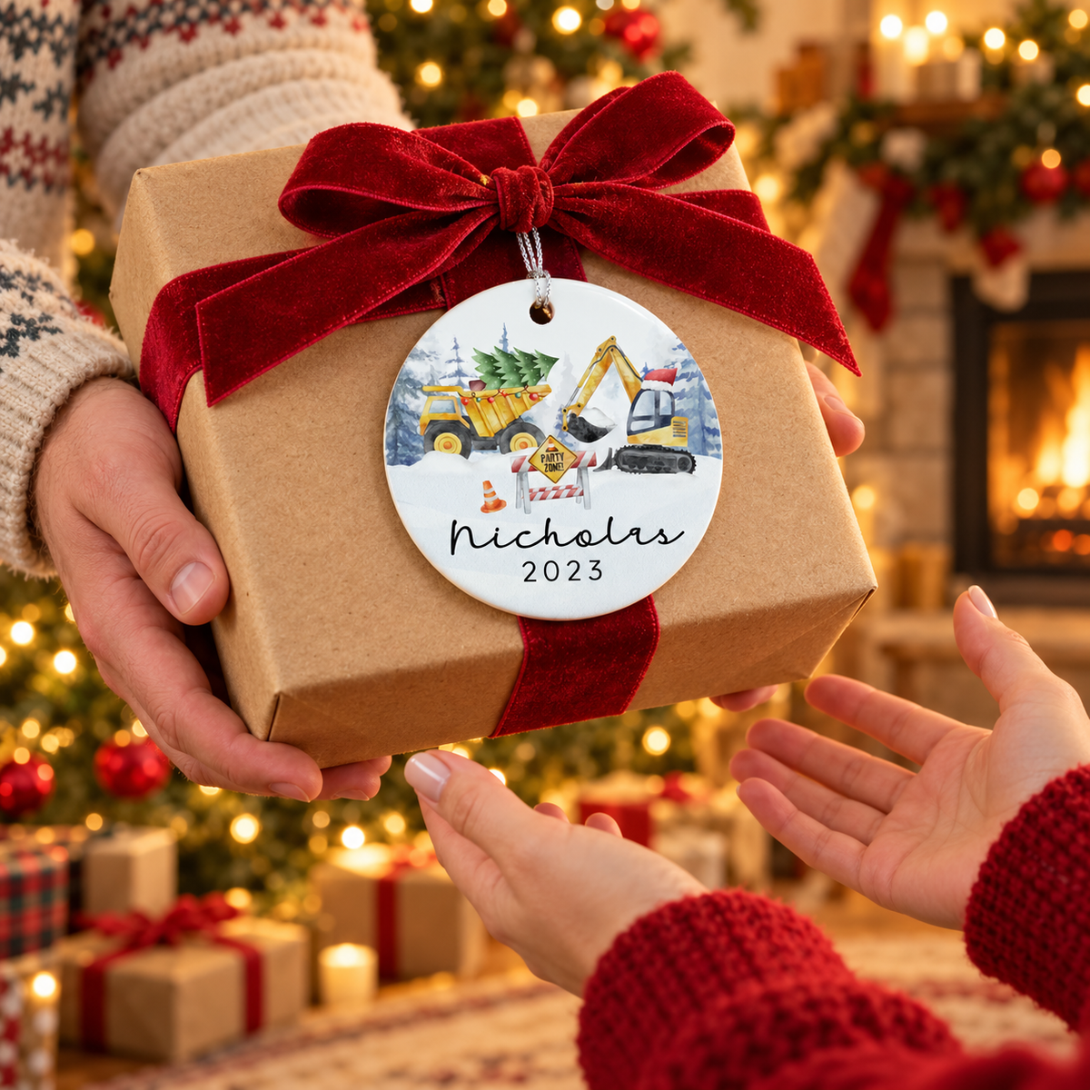 Kids Christmas Construction Truck Name Ornament - Personalized Christmas 2024 Kids Ornament - Custom Name and Year Boys Ornament