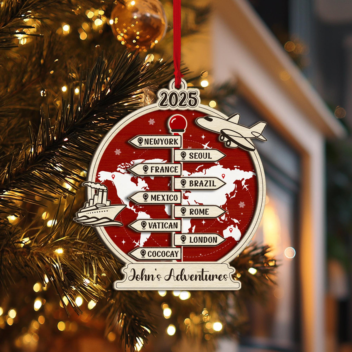 Customized Traveling Destination Ornament, Personalized Travel Adventure Ornament, Family Trip, Travel Gift, Christmas Gift