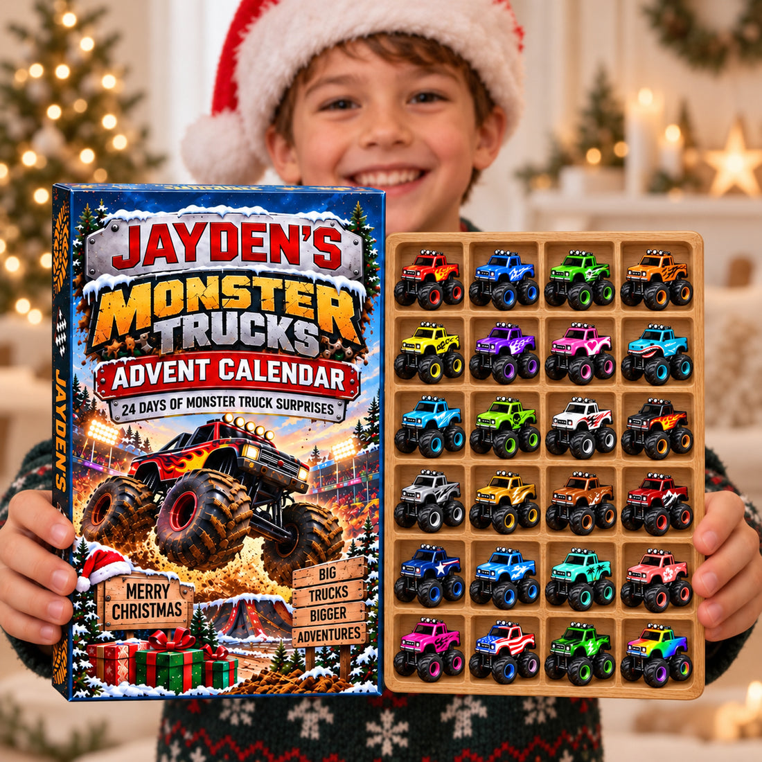 Personalized Monster Truck Advent Calendar 2026, Custom Name Racing Truck 24 Days Countdown Box, Christmas Gift for BoysToddlerKids