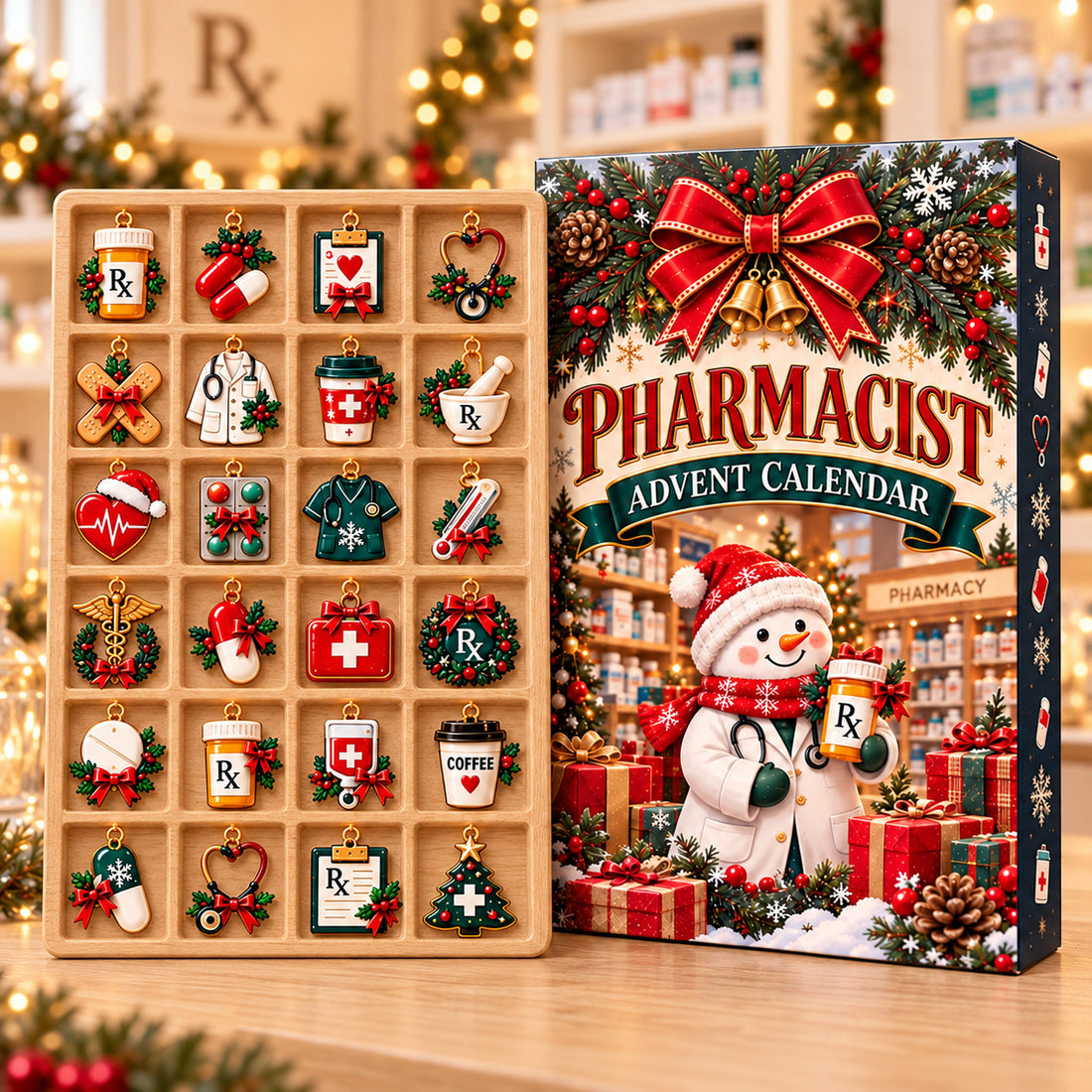 Pharmacist Advent Calendar, 24 Acrylic Medical Charms, Pharmacy Christmas Countdown Box