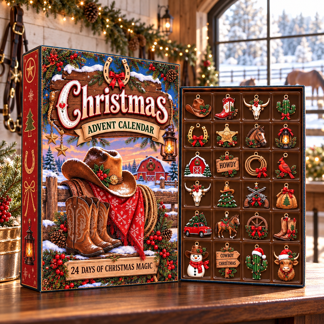 2026 Western Cowboy Advent Calendar, 24 Rustic Ornaments, Christmas Countdown Blind Box Gift for Western Fans
