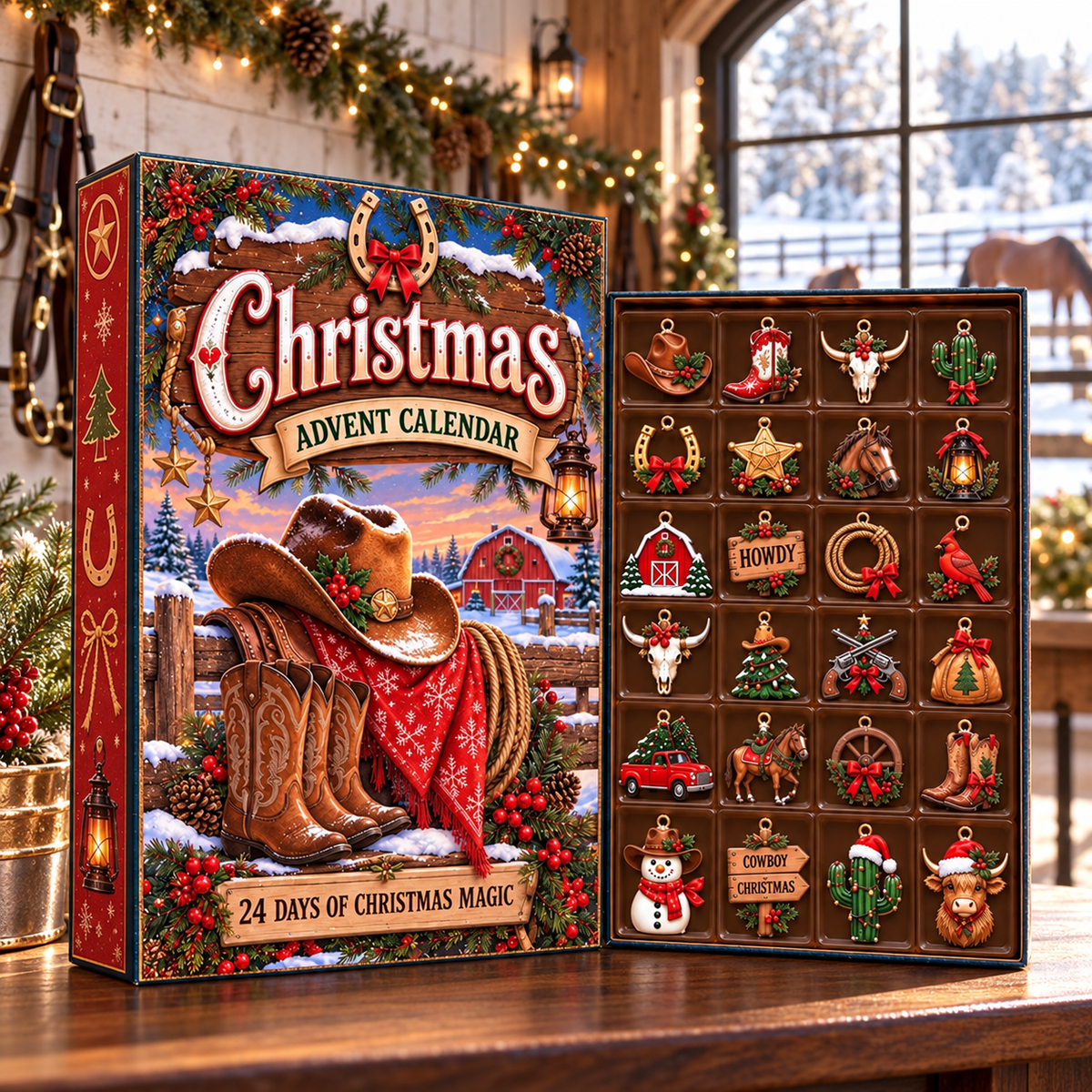2026 Western Cowboy Advent Calendar, 24 Rustic Ornaments, Christmas Countdown Blind Box Gift for Western Fans