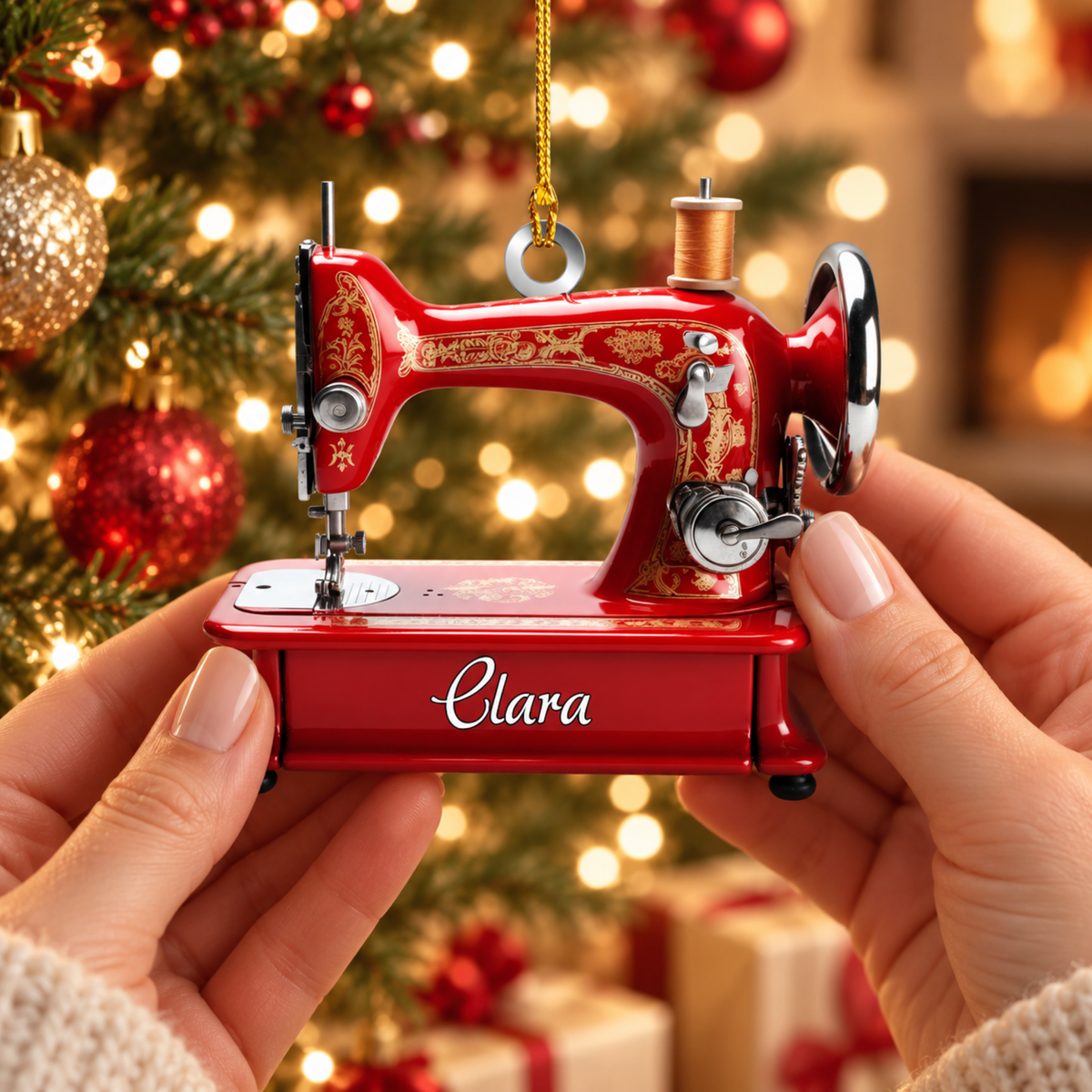 Custom Name Sewing Machine Christmas Ornament, Christmas Tree Hanging Decor, Flat 2D Ornament Acrylic Wooden, Gift For Sewing Lovers