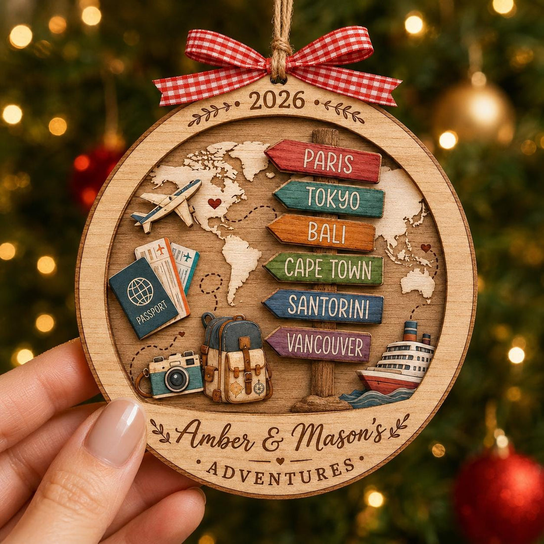 Personalized Travel Christmas Ornament 2026, Custom Couple Names, World Traveler Ornament, Travel Memories Keepsake Gift